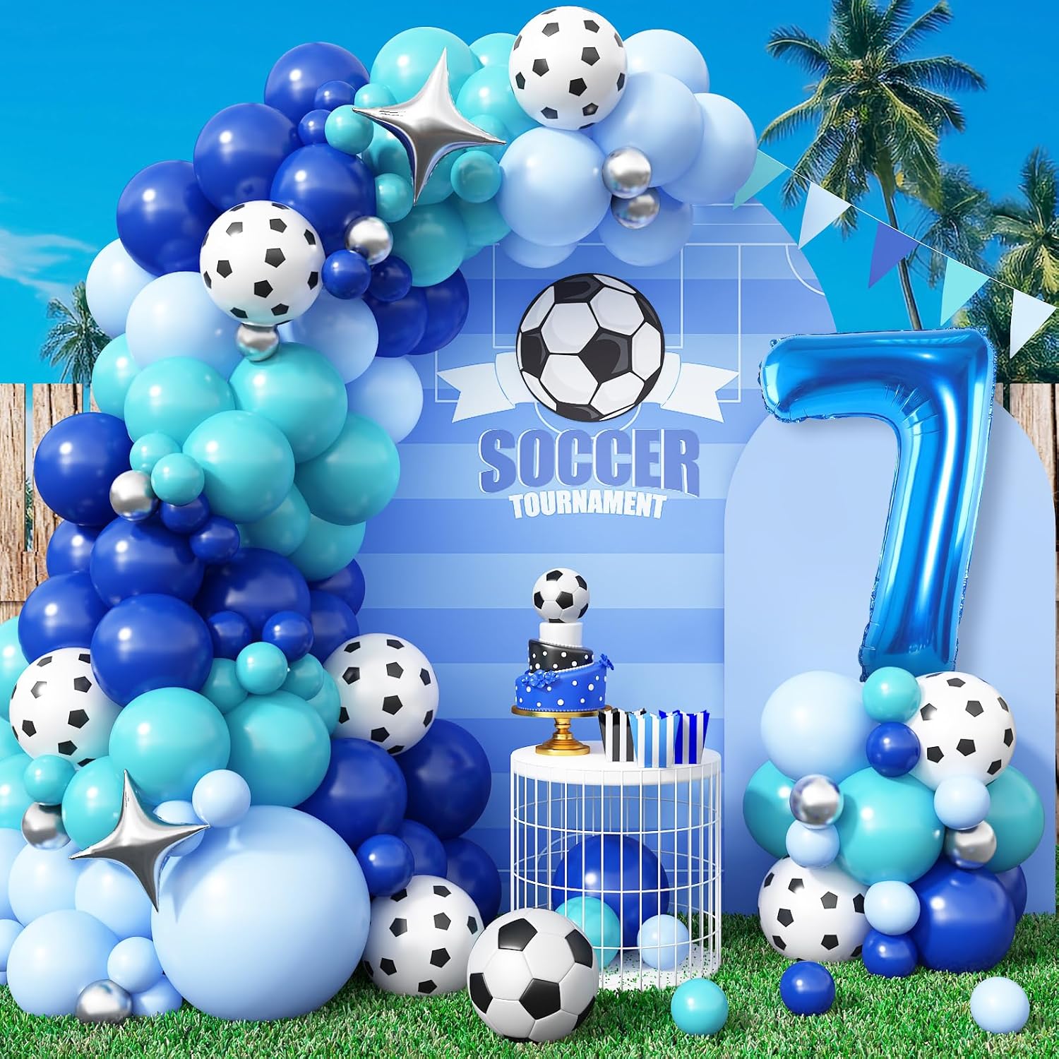Soccer 7th Birthday Decorations for Boys, Royal Blue Teal Light Blue Balloon Garland Arch Kit with 40 Inch Blue Number 7 Balloon Tower, Soccer 7th Birthday Balloons for Kids Football Theme Party