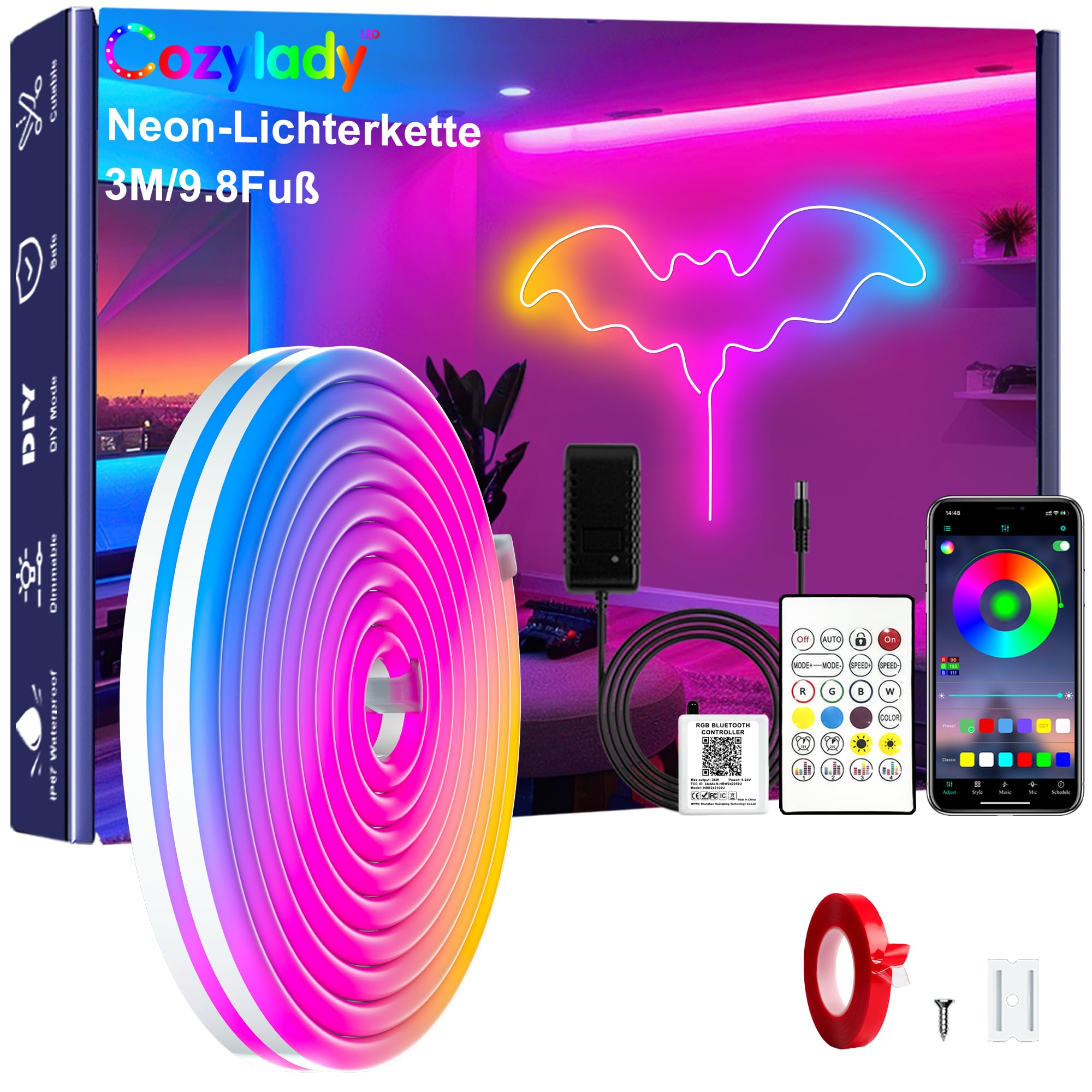 Cozylady RGB Neon Led strip Light, mit Fernbedienung, APP Steuerung, wasserdichte flexible Rgb Streifen, 24V LED Neon band für Schlafzimmer, Heiminnenausstattung Dekoration (3M/9.8Fuß)