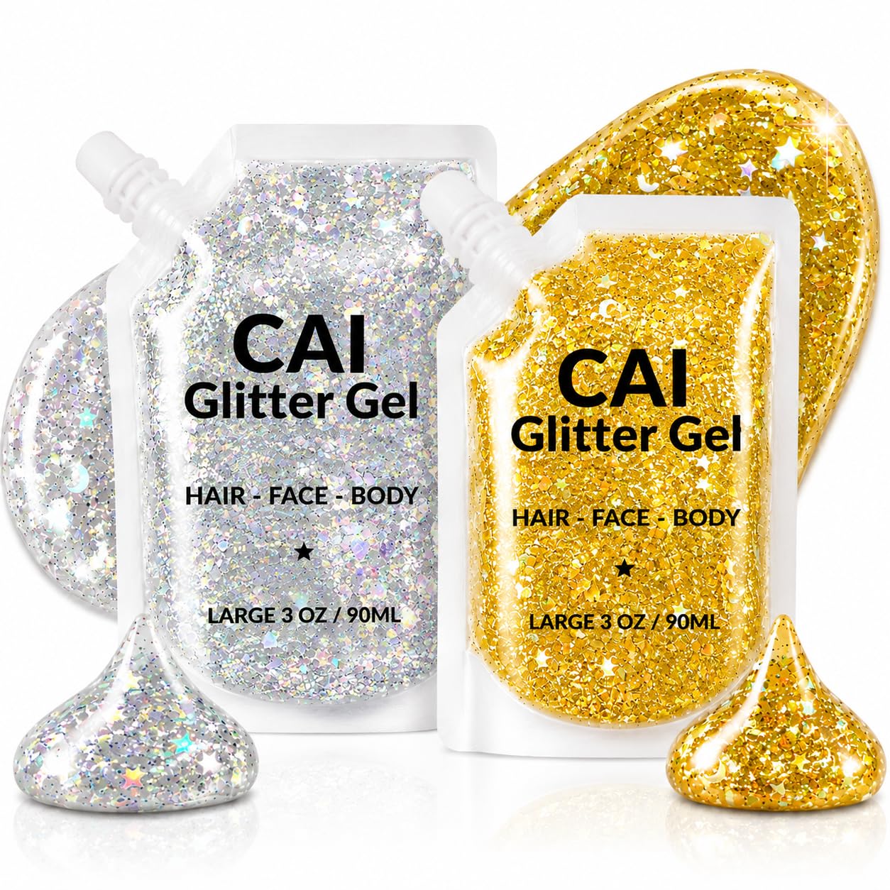 Body Glitter Gel- Face, Body & Hair (2 PK Silver/Gold) Chunky Iridescent Holograph Stars & Moon, 6 oz | Cosmetic-Grade Makeup, Apply Without Glue, Easy to Take Off & Keep Skin Clean - for Raves