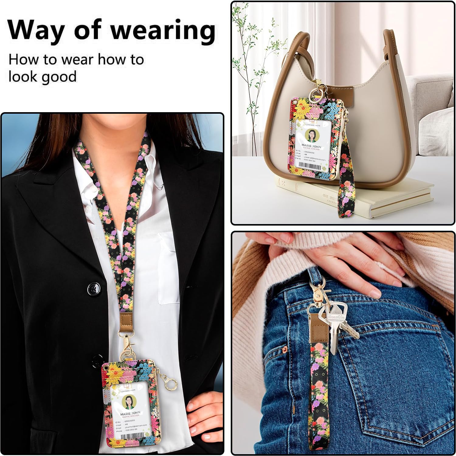 bolimoss Black Cat Flower Lanyard Wallet,Pu Leather Women Zid ID Case with Lanyards,Cute Neck & Wrist Lanyard Keychain for Women, Teacher, Nurse, Office Name Tag Badge Holder ID Card Holder - Image 2