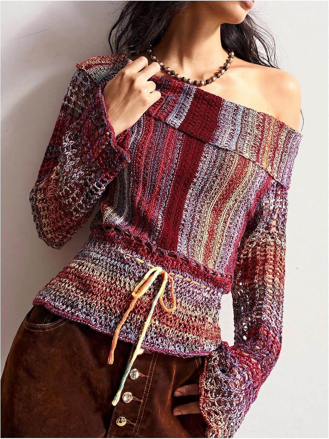 WDIRARA Women's Crochet Off The Shoulder Sweater Striped Hollow Out Long Bell Sleeve Pullover Knit Tops - Image 2