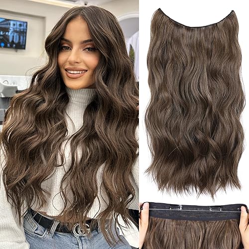 Extensiones de cabello con balayage, color marrón oscuro a castaño de 20 pulgadas, extensiones de cabello ondulado invisible, extensiones de alambre