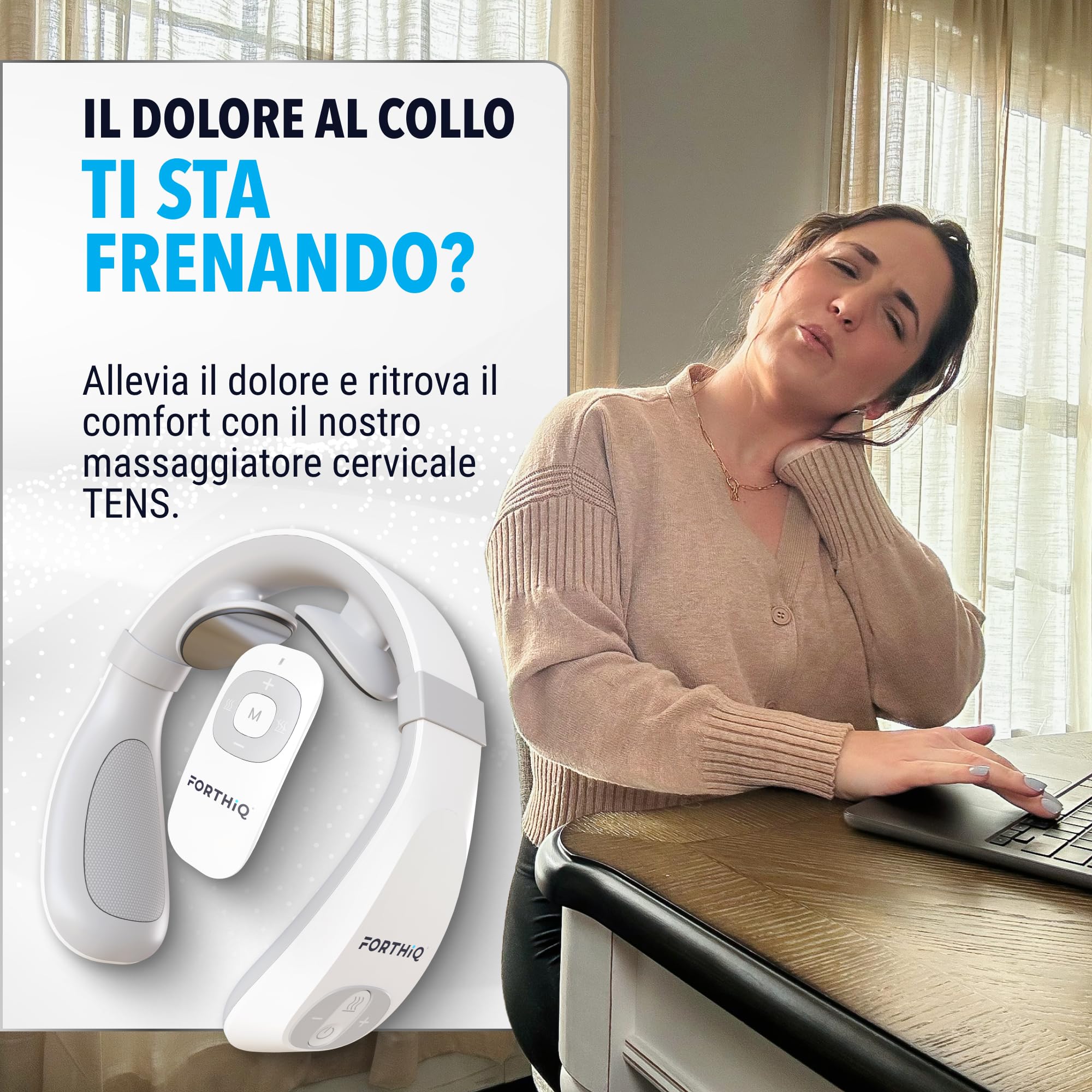 FORTHiQ Massaggiatore TENS per il Collo con Calore, Massaggiatore Elettrico per Alleviare il Dolore, 15 Livelli di Intensità, Massaggio Profondo, Portatile e Rilassante