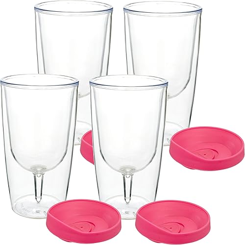 Miniatura 3 de Southern Homewares Vaso de vino aislado de 10 onzas con tapa rosa para beber, acrílico de doble pared, color vino 2Go, juego de 4