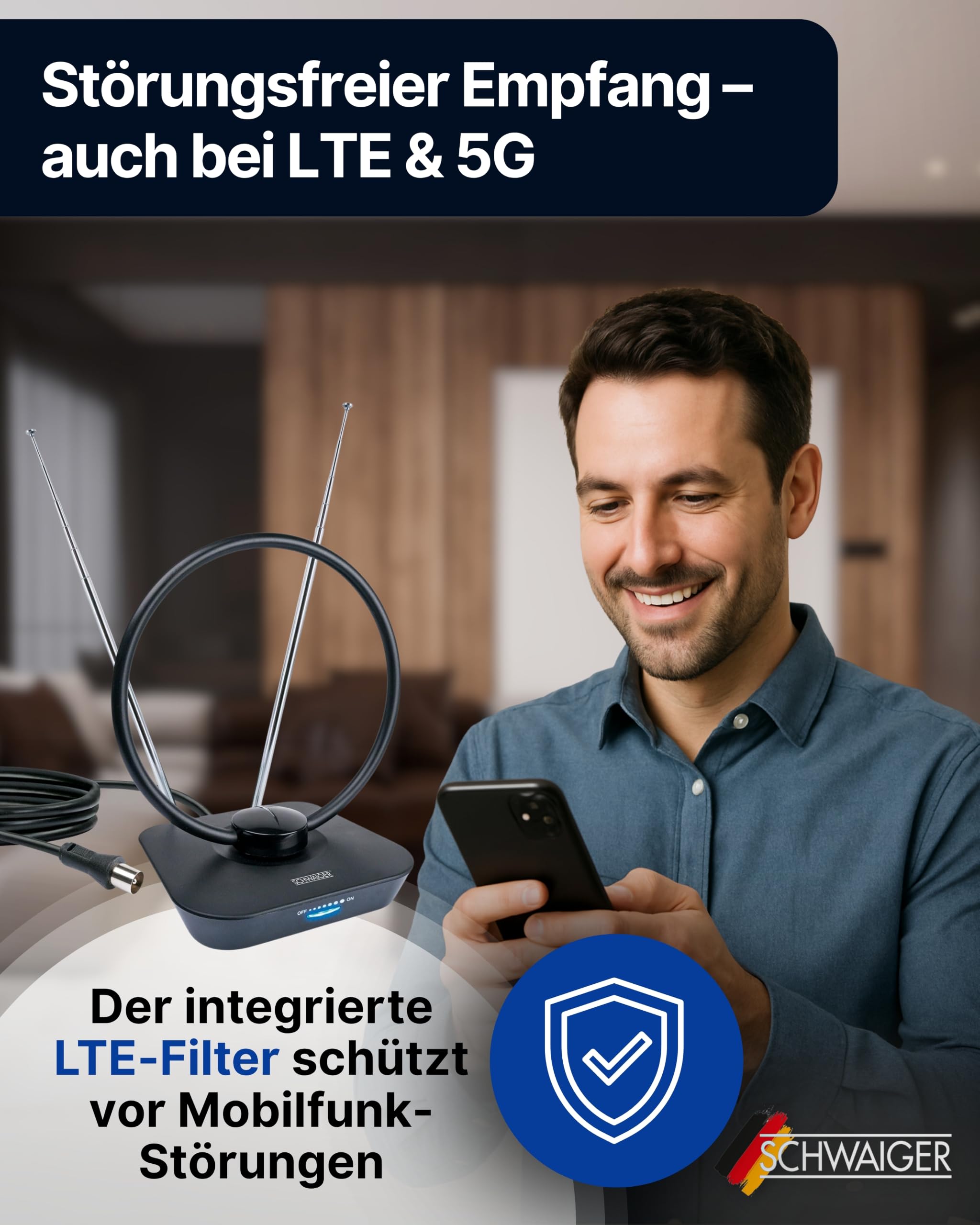 SCHWAIGER DVB-T2 Zimmerantenne aktiv I 36 dB TV-Antenne mit Verstärker regelbar & LTE-Filter I DVB-T2 HD Ringantenne für Fernseher I DAB+ Radio Innenantenne mit Teleskop-Stäben