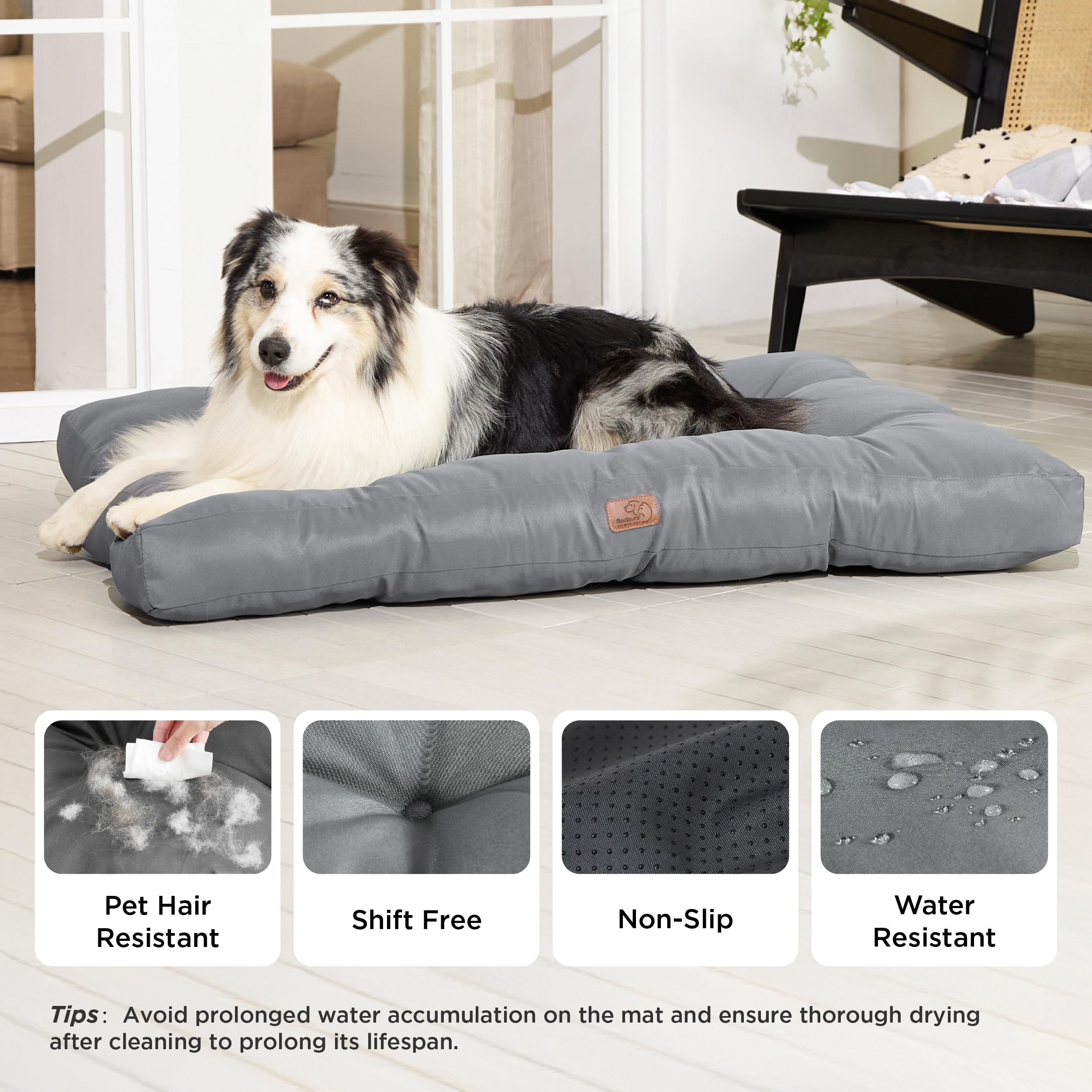 Bedsure Cesto per Cani di Grandi Dimensioni, Impermeabile, Cuscino per Cani in Tessuto Oxford, Materasso per Letto per Cani Lavabile, Grigio, 110 x 89 x 10 cm