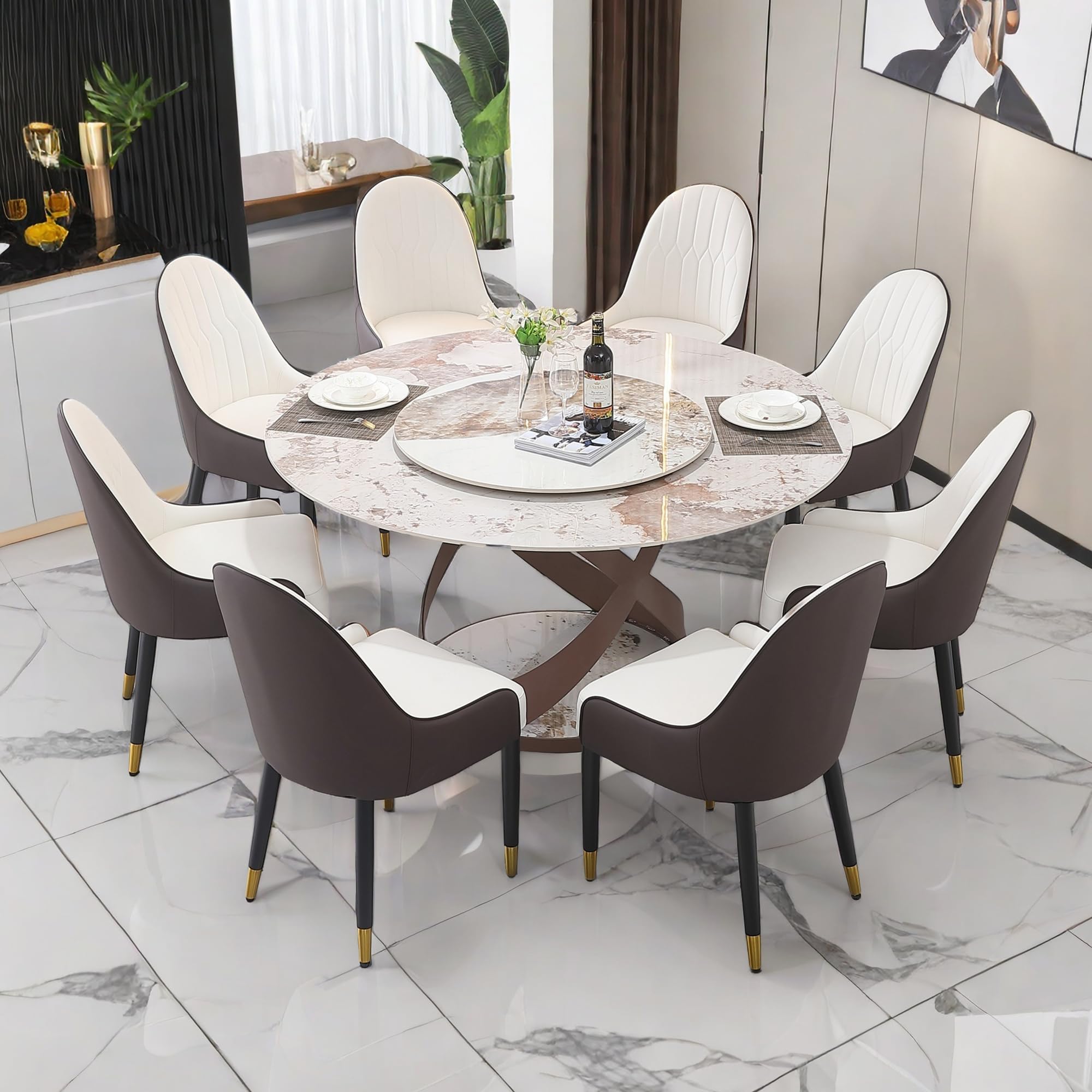 Montary 9 Piece Modern Dining Table Set of 8, Round 59" D Faux Marble Kitchen Table with Lazy Susan, Sintered Stone Top and Cross Carbon Steel Base