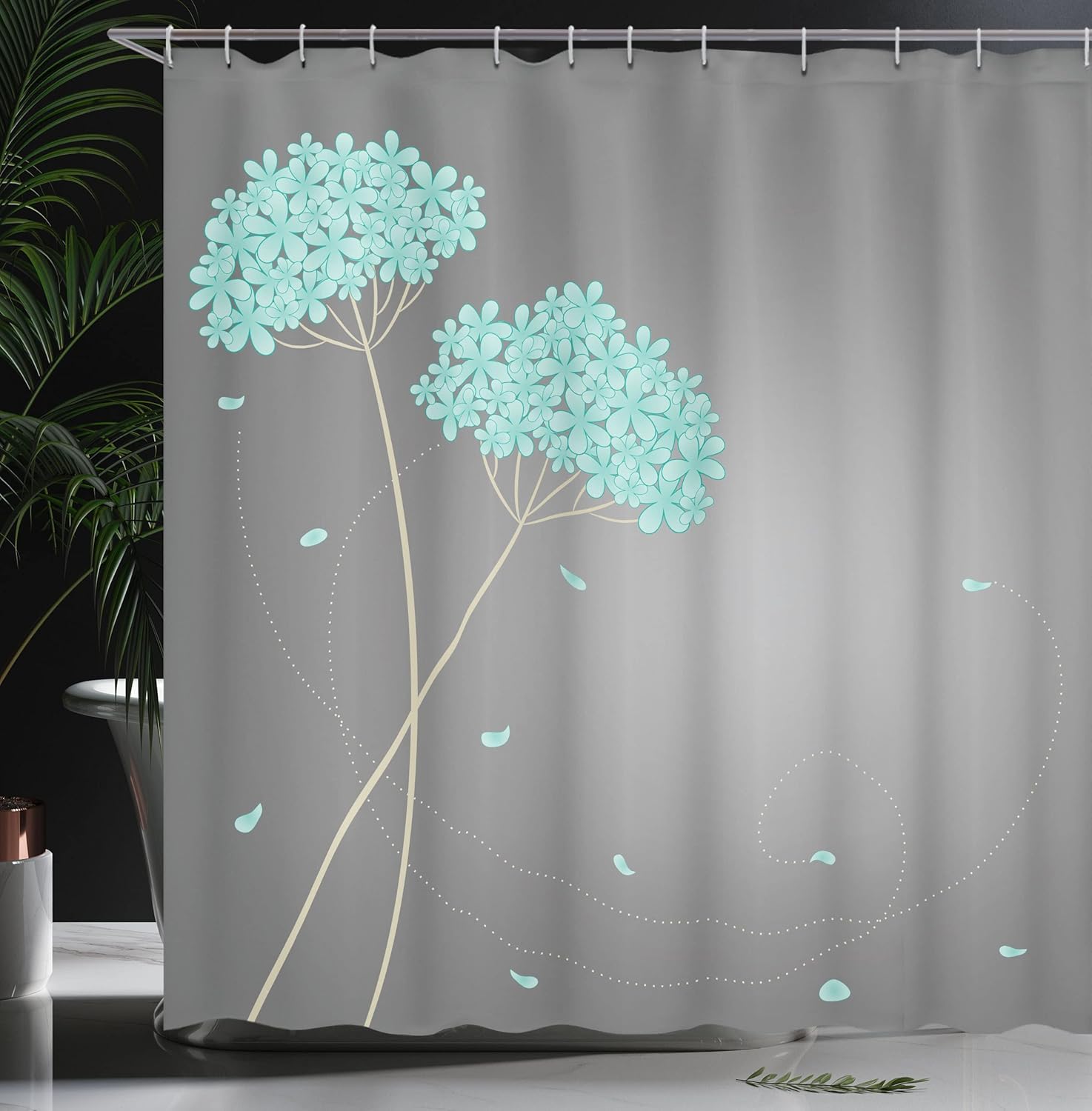 Ambesonne Allium Flower Shower Curtain, Floral Design with Swirl Lines Falling Leaves Autumn Inspired, Cloth Fabric Bathroom Decor Set with Hooks, 69" W x 70" L, Turquoise Grey