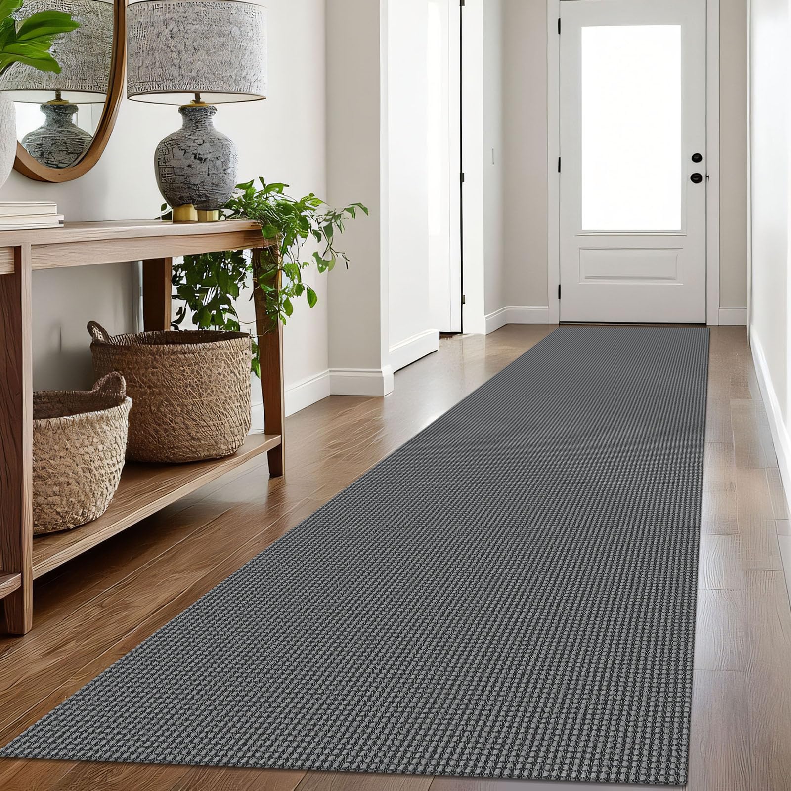 IOHOUZE Washable Exrea Long Hallway Runner Rug 3x16 Non Slip Rubber Backed Kitchen Runner Entryway Runner Indoor, Woven Rugs Floor Carpet for Kitchen Hall Entryway Stair, Dark Grey