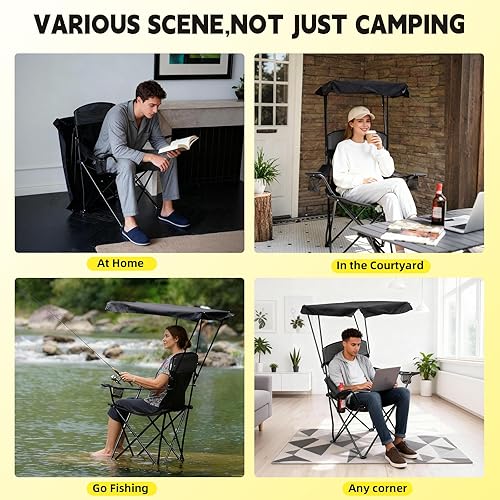 Miniatura 7 de YOUNG WOOD Silla de camping con toldo, silla de playa con sombra, portátil, ligera, de gran tamaño para todos, fácil de abrir y cerrar sin