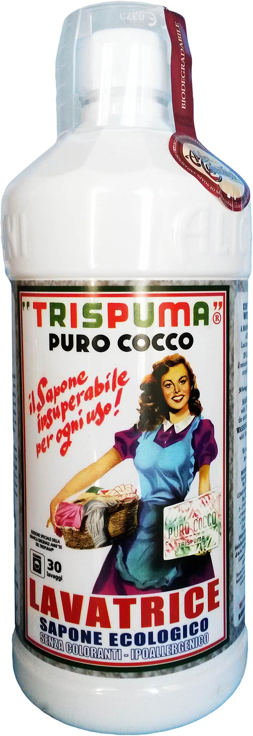 "Trispuma" Laundry Detergent with Pure Coconut Oil, Measuring Cup * 33.3 Fluid Ounces (1000ml) Bottle * [ Italian Import ]