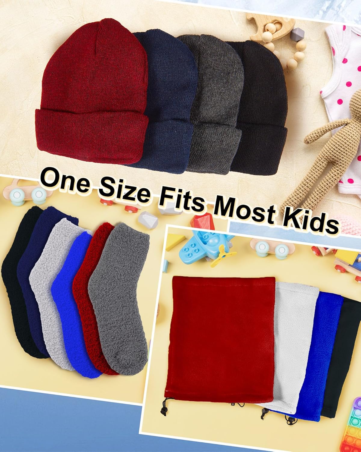 Vabean 96 Pcs Kids Winter Beanies Hat and Gloves Socks Neck Warmer Set Bulk Homeless Care Operation Christmas - Image 7