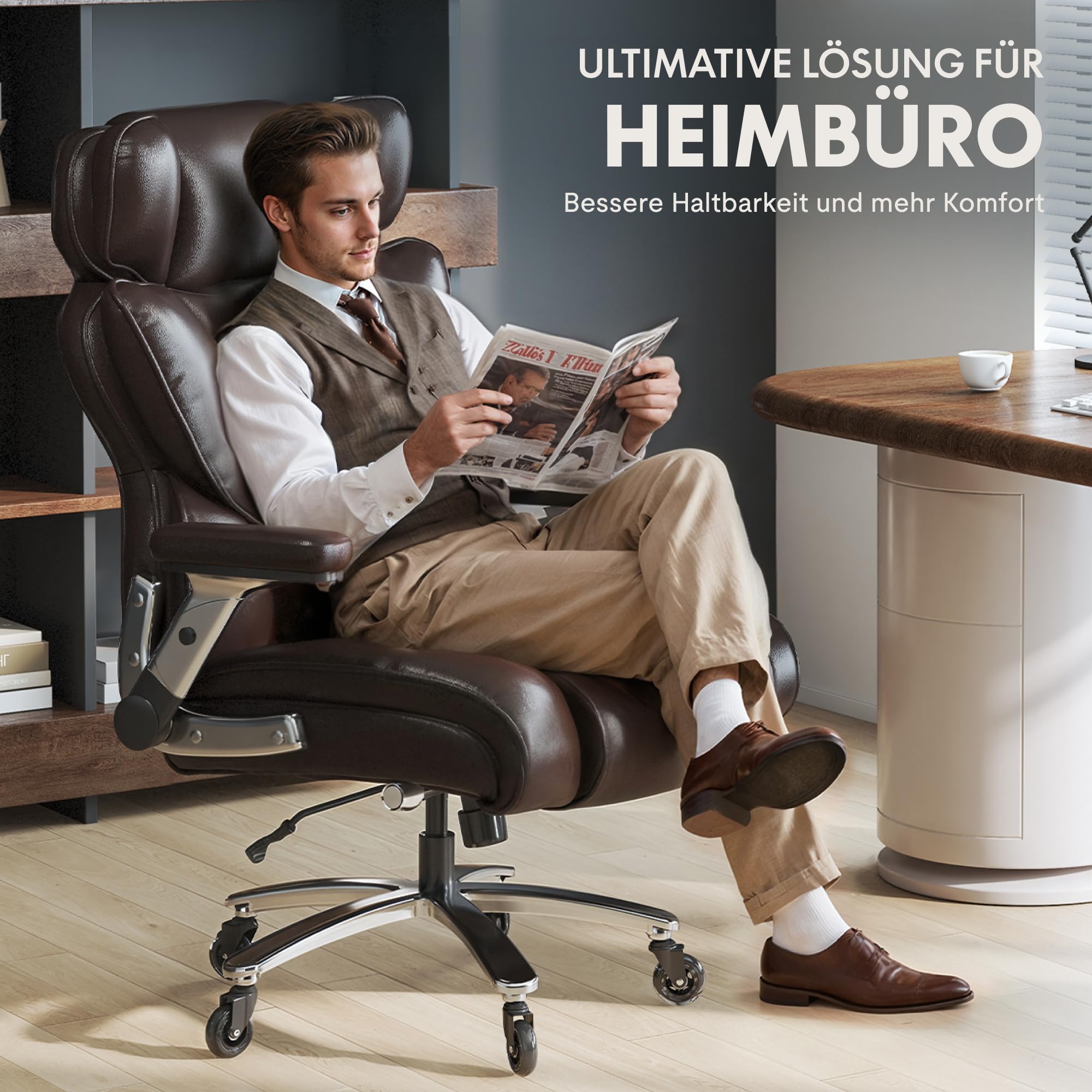 FLEXISPOT Ergonomischer Chefsessel bis 300 kg Bürostuhl für große Personen, mit dynamischer Lendenwirbelstütze, 2D-Armlehnen und Grummirollen, großer Gaming- und Arbeitsstuhl, Kunstleder, Braun