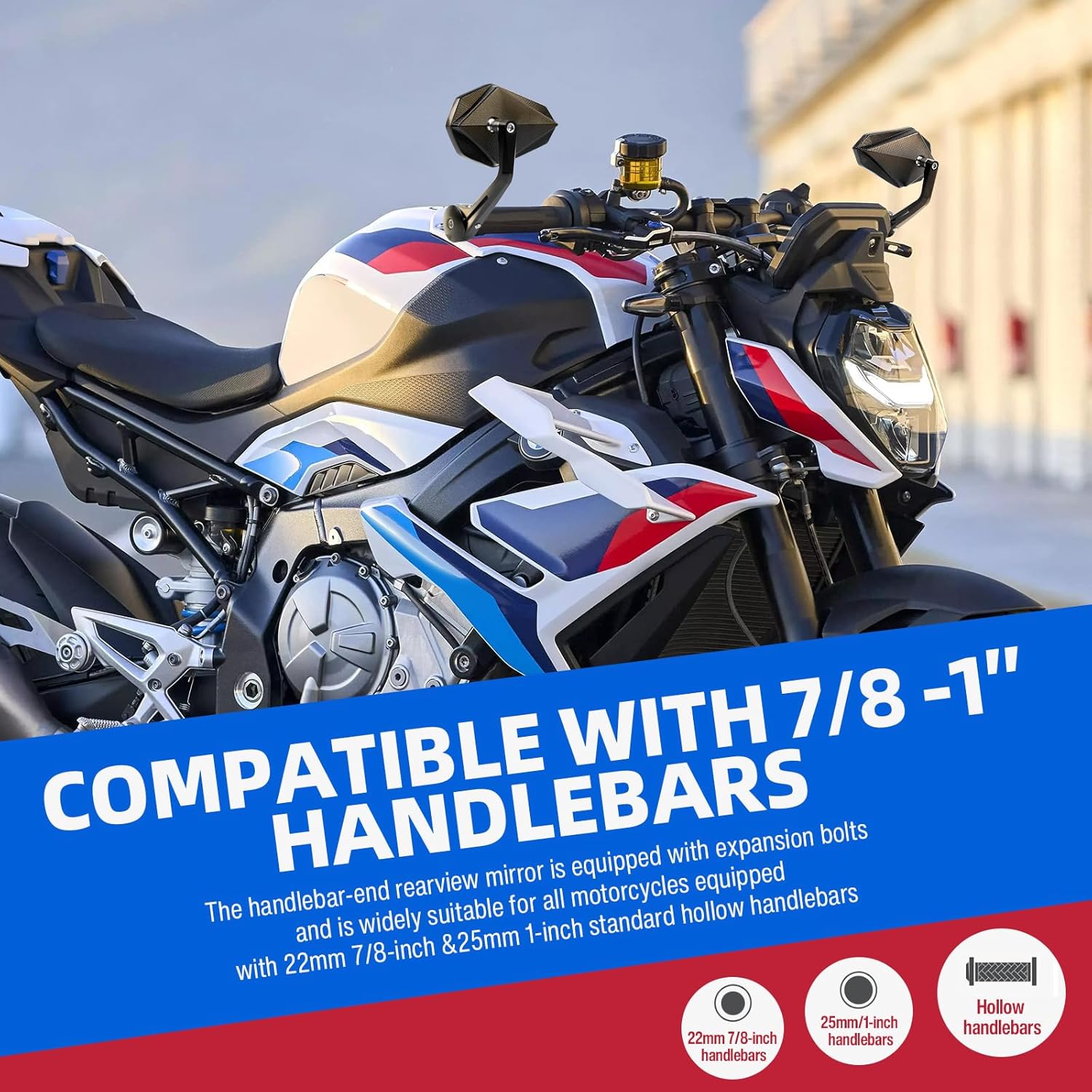 DREAMIZER Motorcycle Bar End Mirrors Black CNC Bar End Mirrors for Motorcycles Compatible with Honda Kawasaki Suzuki Scooter and More (Blue Glass Lens)