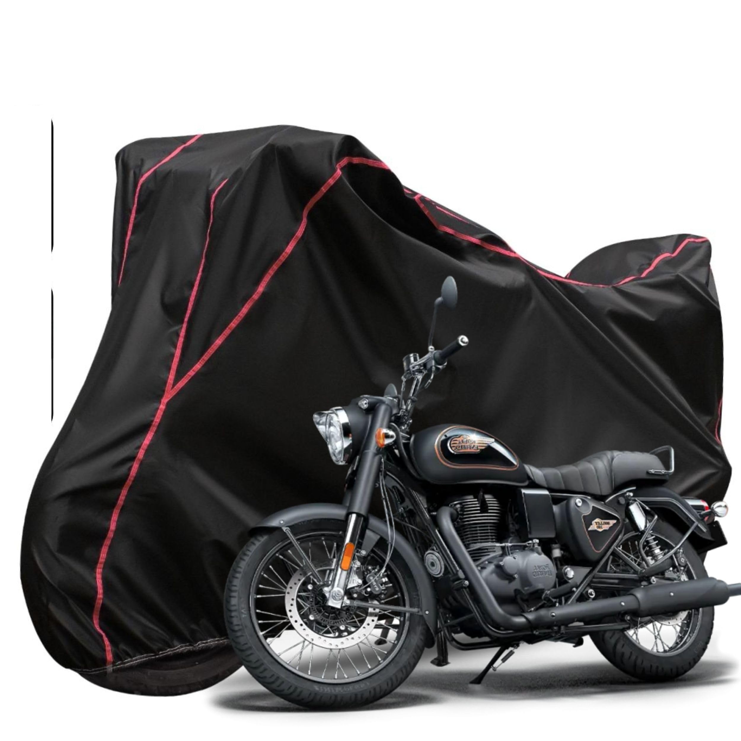 VELLON Bike Body Cover Compatible with Royal Enfield Bullet 350 Waterproof, Dust Proof, UV Rays Protective, Triple Stitching & Lightweight - Black with Red-image-45