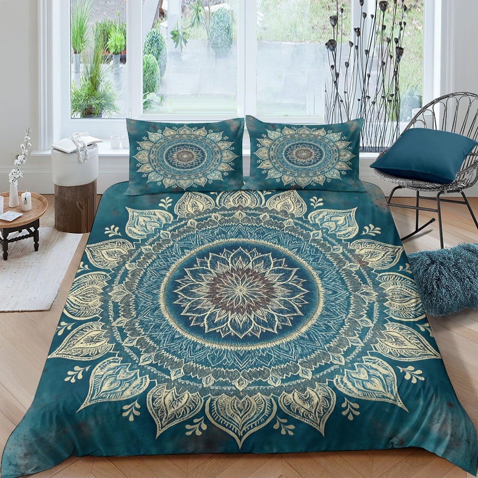 Ctjqhvkz Style-4 3D Printed Mandala Lotus Fitted Sheet Microfiber Teal Boho Floral Bed Cover For Bedroom Guest Room Decor Single（135X200cm）