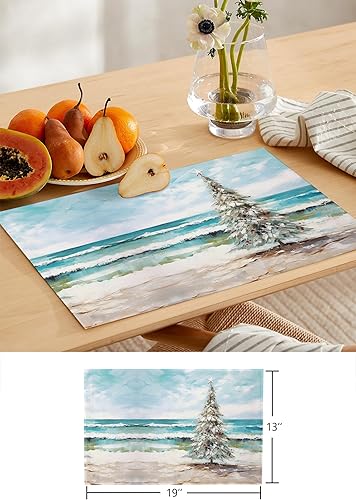 Miniatura 6 de Juego de 4 manteles individuales de árbol de Navidad costero, modernos manteles individuales con pintura al óleo de playa para mesa de comedor,