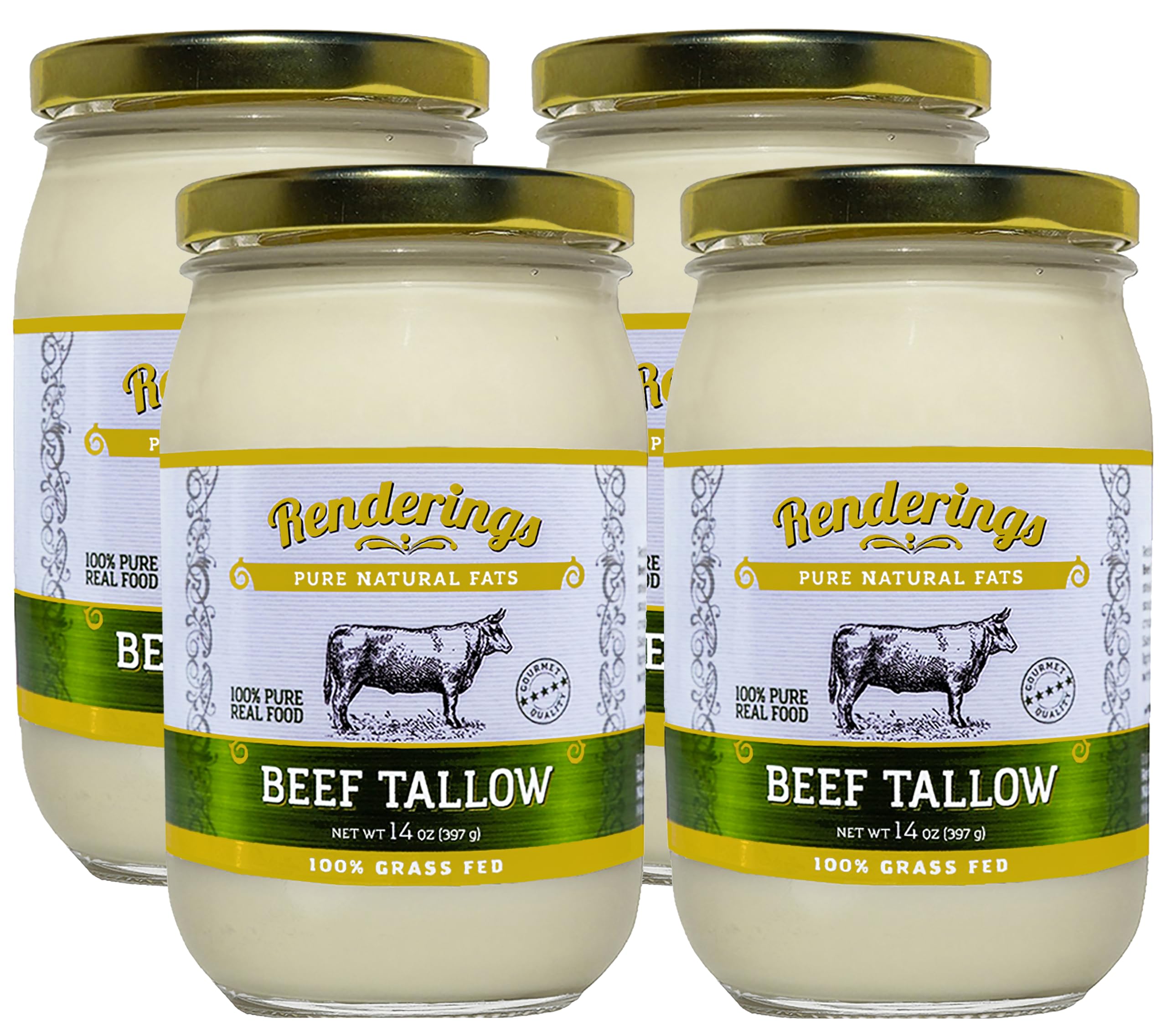 Renderings Beef Tallow, 100% Grass-Fed & Finished, Cooking, Baking and Frying, 14 oz Jar (4-Pack)