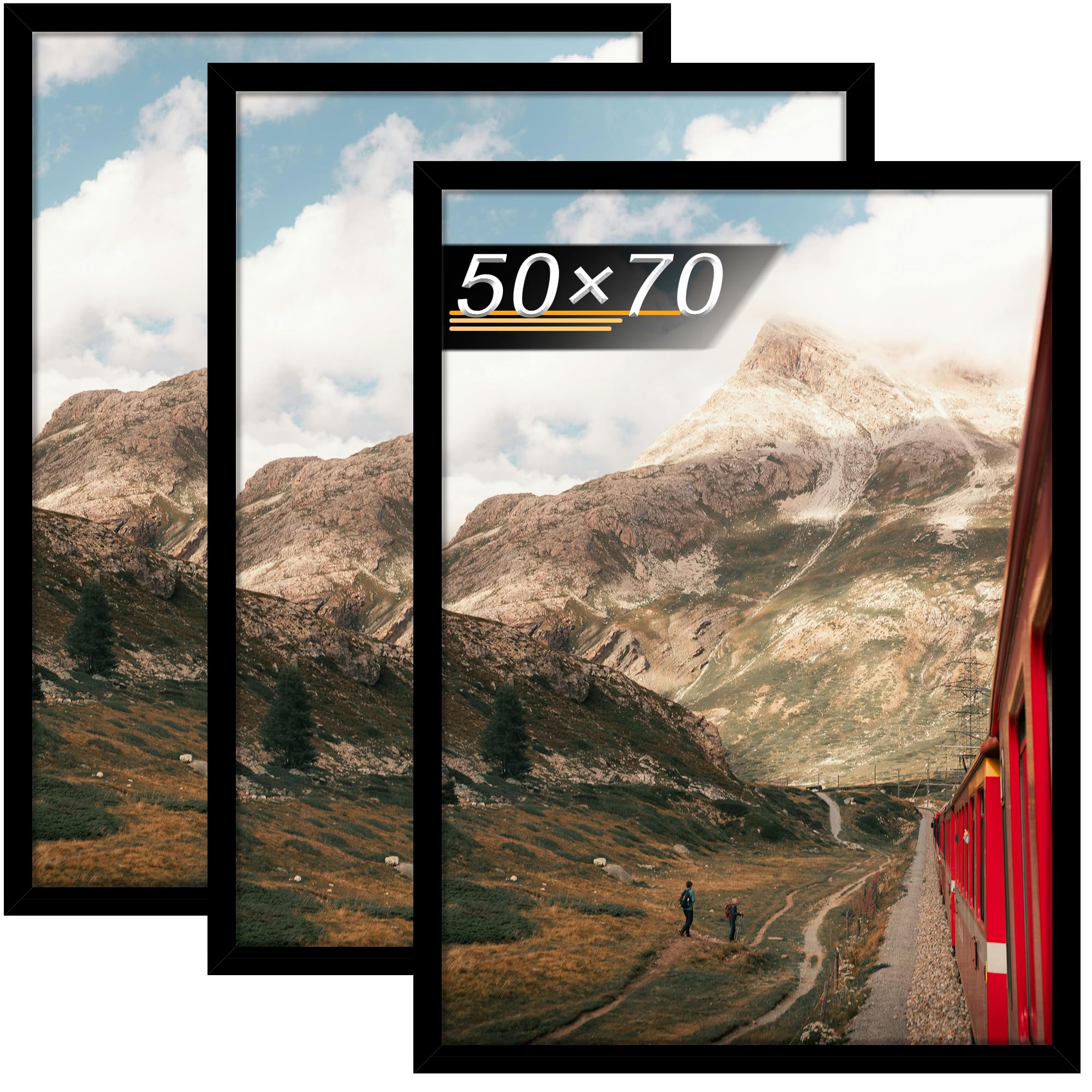 Tinkeps Cornice per Foto 50x70 cm in legno, Nero, Set da 3, Possono essere Appese alla Parete Verticalmente o Orizzontalmente, con Plexiglass Trasparente e Infrangibile