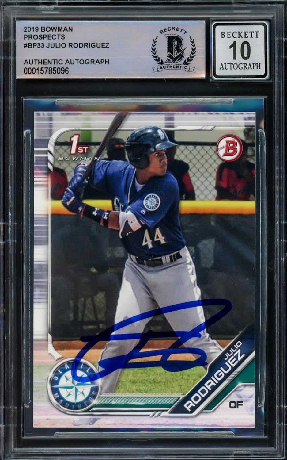 Julio Rodriguez Autographed 2019 1st Bowman Prospects Rookie Card #BP-33 Seattle Auto Grade Gem Mint 10 Beckett BAS Stock #216707