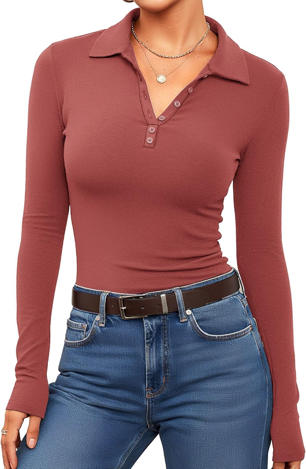 Prettywear V Neck Long Sleeve Shirts for Women Trendy Casual Fitted Collared Basic Cute Polo Tops Button T-Shirt 2025 Fall