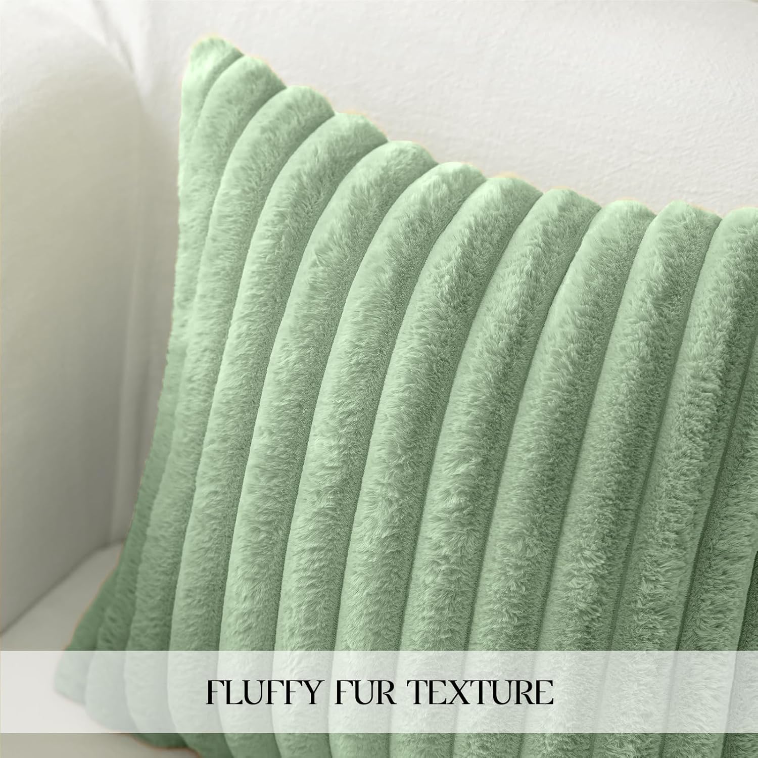 MOSAYT Spring Faux Fur Throw Pillow Covers 22x22 Inch Set of 2, Soft Square Fluffy Striped Modern Decorative Pillow Covers for Sofa Bedroom Living Room, Sage Green