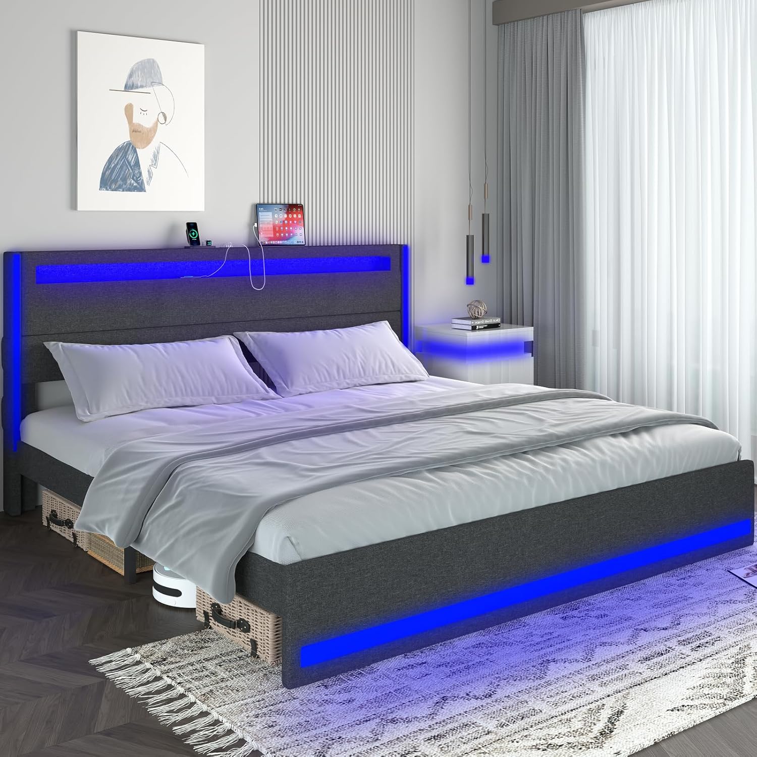 Dnxao King Size Bed Frame with Headboard & LED Lights, Upholstered Bed Frame with
