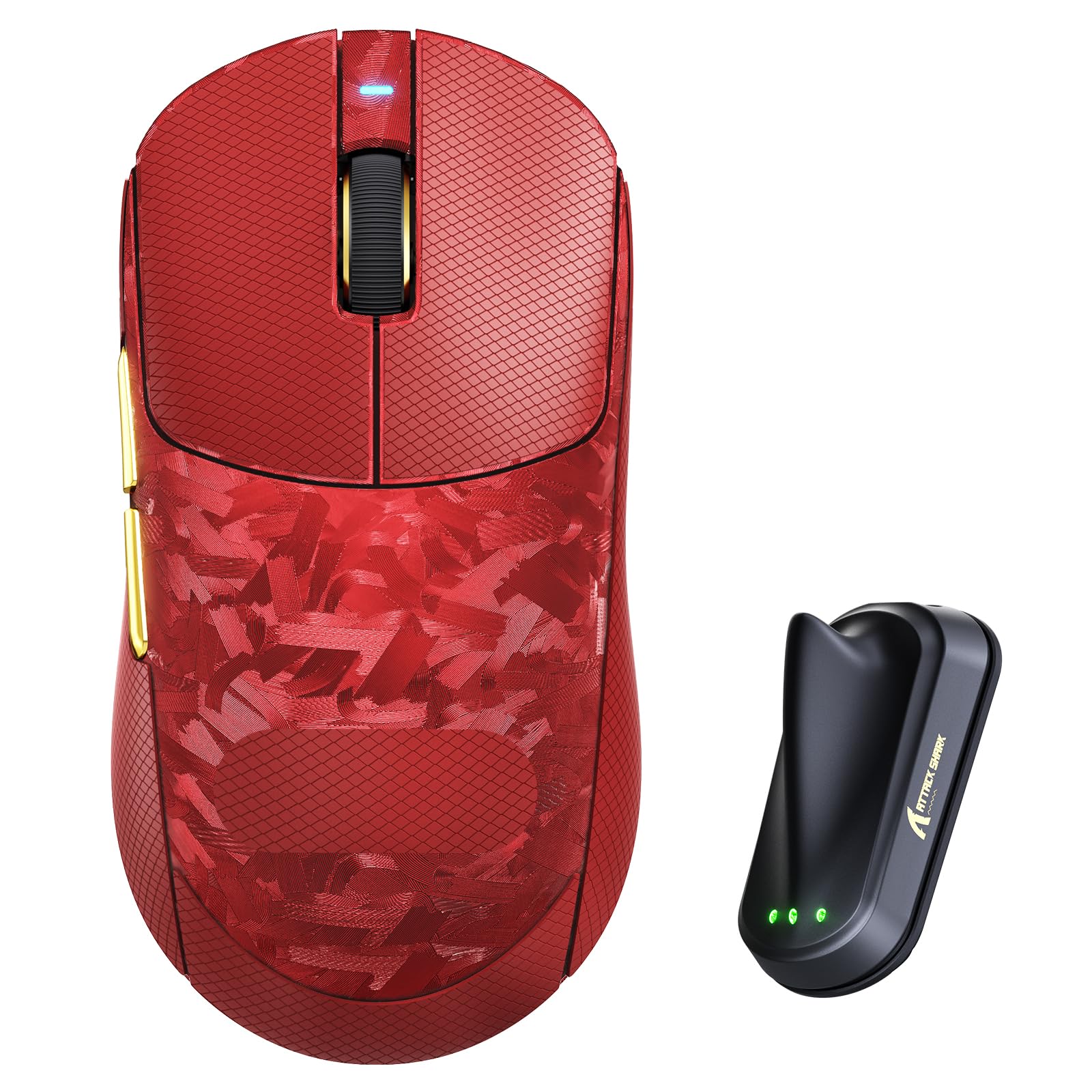 ATTACK SHARK RS3 Ultra Ratón Gaming Inalámbrico, Sensor PAW3955MAX, Chip Nordic 54L15, Fibra de Carbono, 8K Hz Polling, 52K dpi, Ultraligero 63g, BT/2.4G/Cable, Ratón Ergonómico para Esports, Rojo