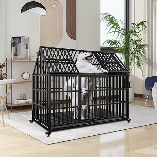 Miniatura 2 de Jaula para perros resistente de 54 pulgadas, perrera de metal para perros grandes, jaula grande para perros con 2 puertas, 4 ruedas con cerradura,