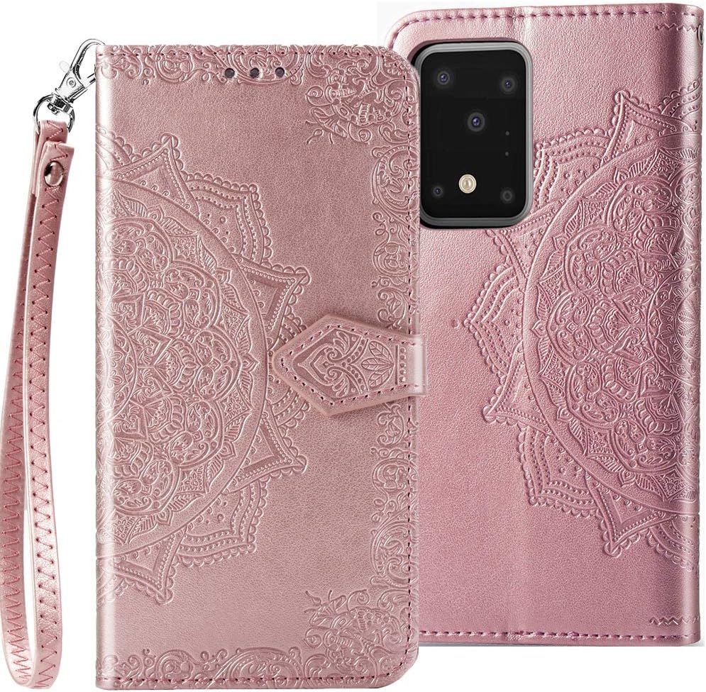 ARSUE Galaxy S20 Ultra Case,Samsung S20 Ultra Case Flower,Wallet Case for Samsung Galaxy S20 Ultra Henna Mandala Floral PU Leather Flip [Kickstand] Phone Cover w/Credit Card Slot Side Pocket,Rose Gold