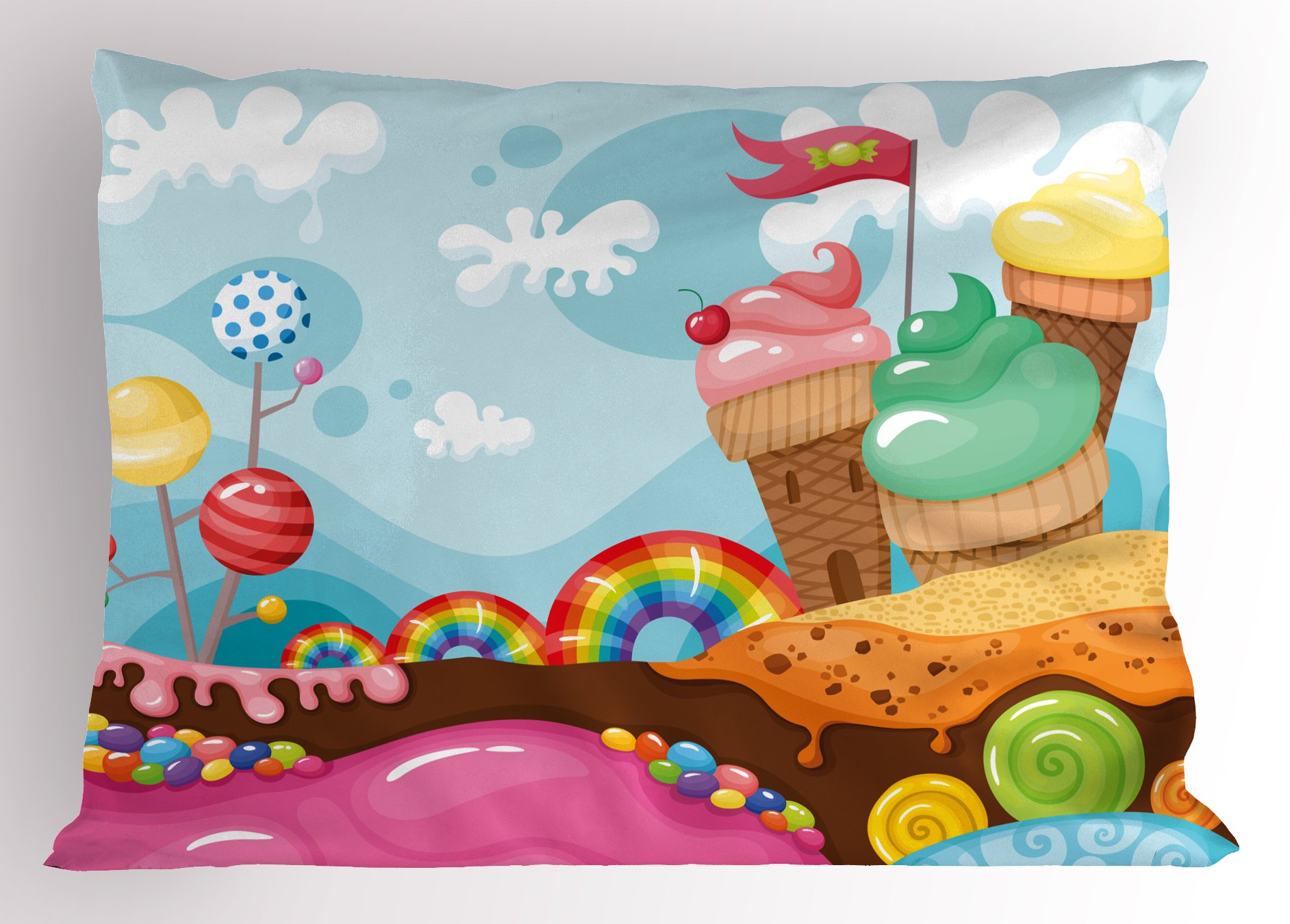 Ambesonne Ice Cream Pillow Sham, Dessert Land with Rainbow Candies Lollipop Trees and Cupcake Mountains Cartoon, Decorative Standard Queen Size Printed Pillowcase, 30