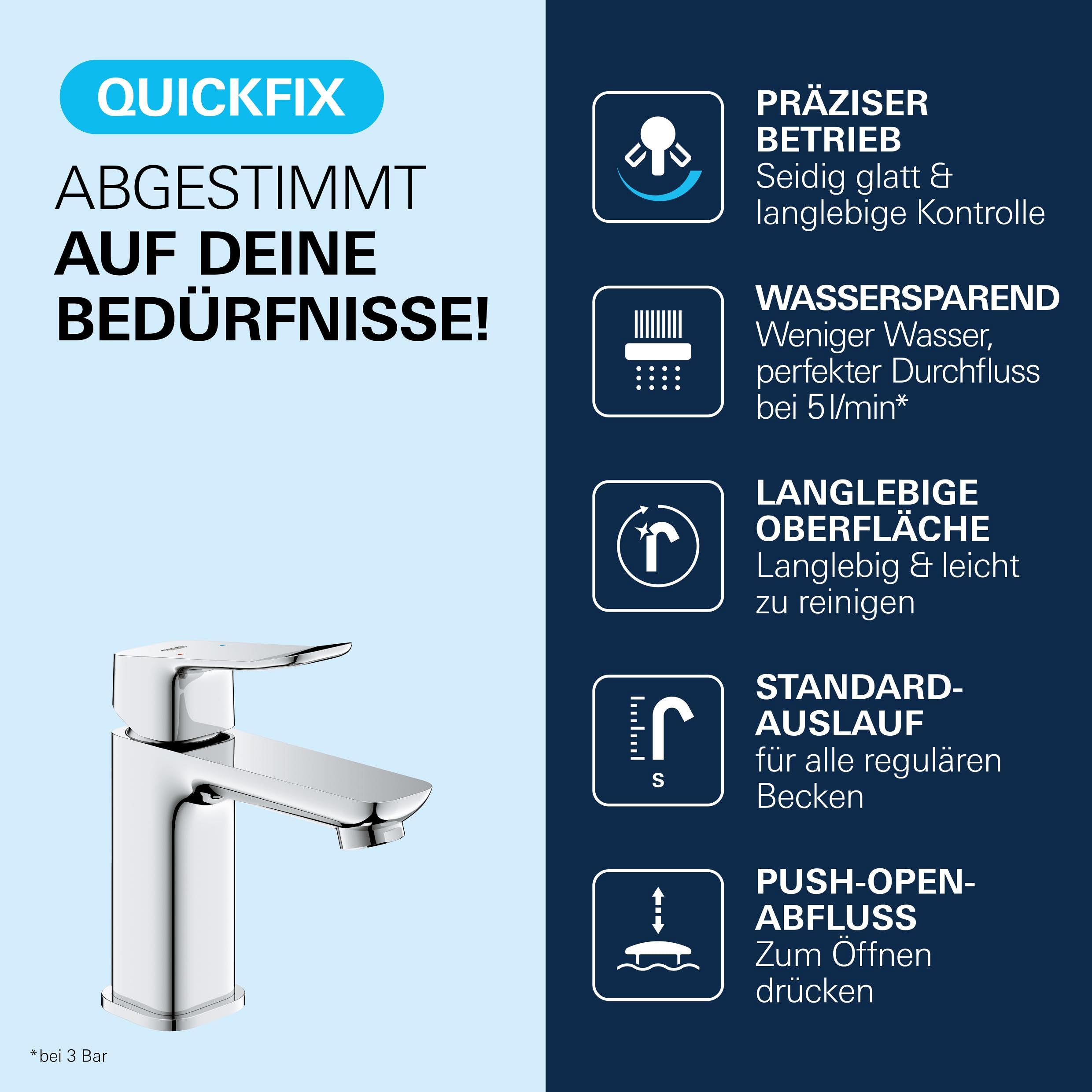 GROHE Dice, Waschtischarmatur, wassersparend (Wasserhahn für das Bad, Badarmatur mit Push-Open Ablauf, 15cm hoch, mit 3in1 Werkzeug, einfache Installation am Waschbecken), chrom, 1018570000