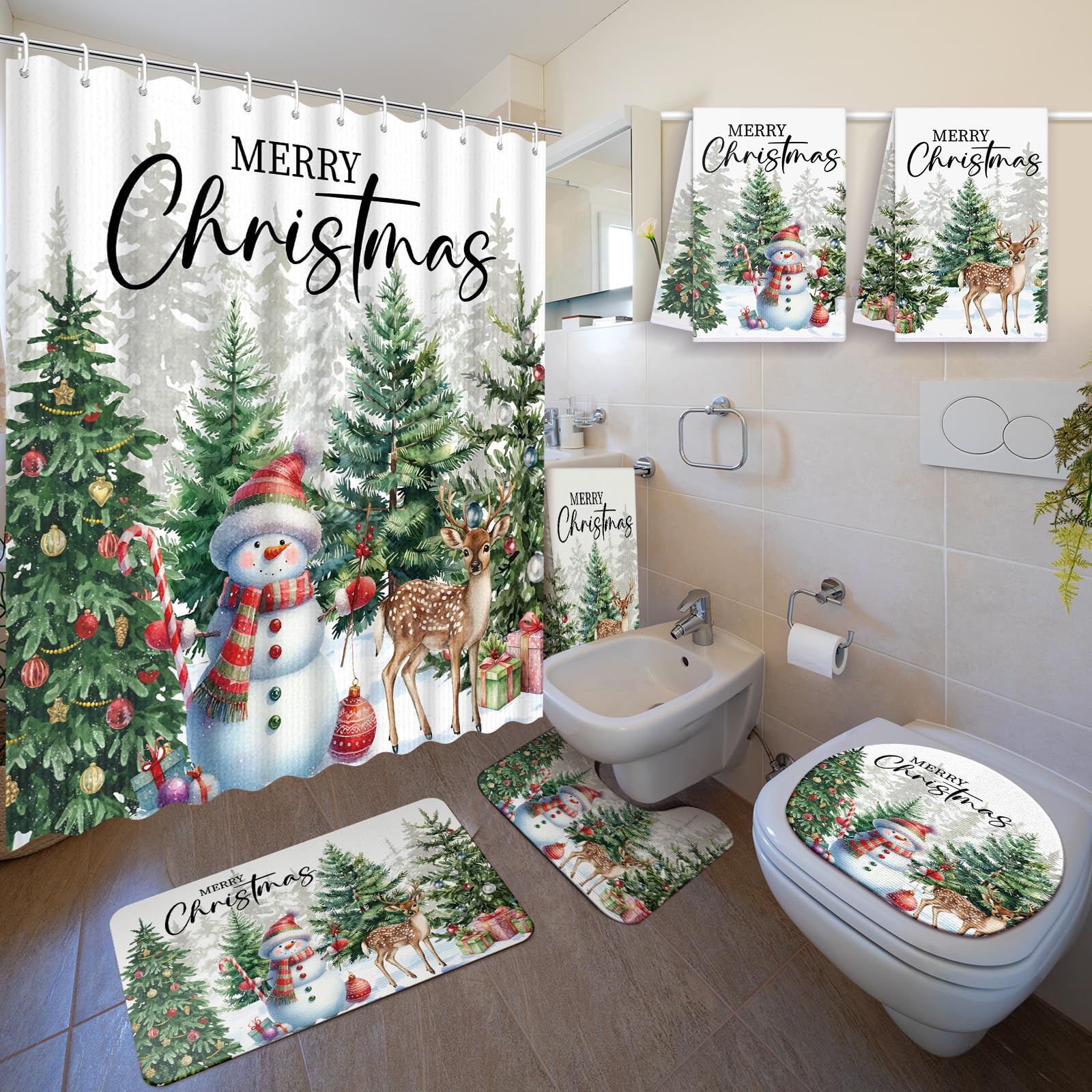 Nuanchu 6 Pcs Christmas Shower Curtain Set with Rug Snowman Bathroom Set — image 1