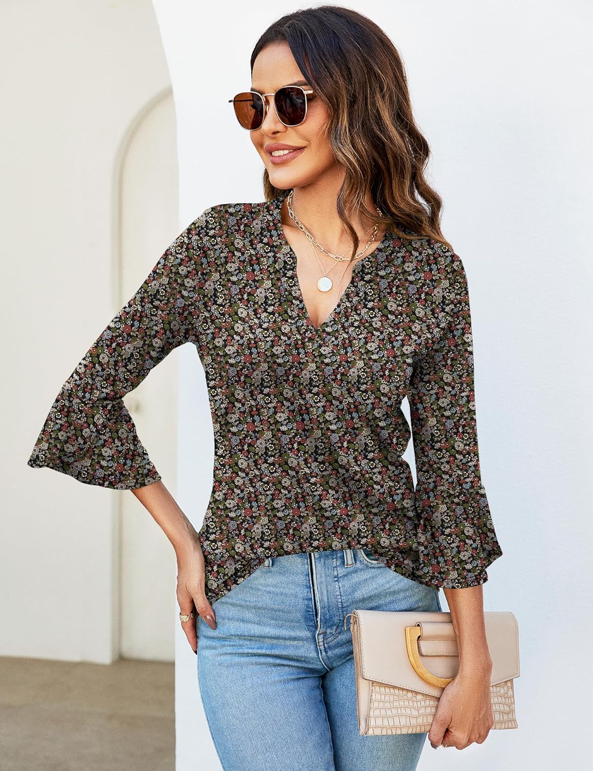 AKEWEI Women's 3/4 Length Bell Sleeve Tops V Neck Dressy Casual Shirts Ladies Loose Fit Blouses Tunic - Image 4