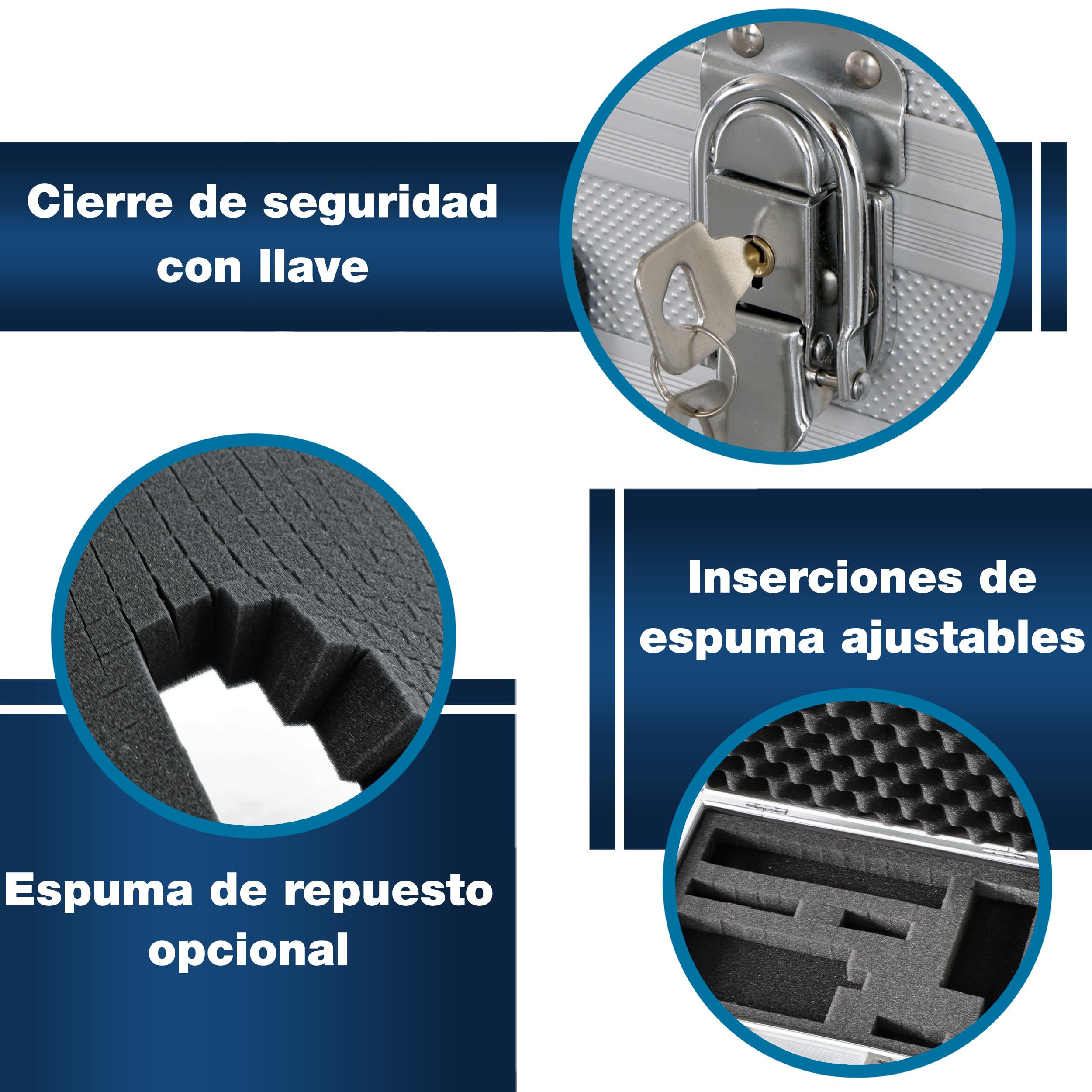 PeakTech 7260 – Estuche de transporte de aluminio resistente para instrumentos y herramientas de medición, acolchado de espuma, candado, de, a prueba de polvo, L - 370x80x230 mm