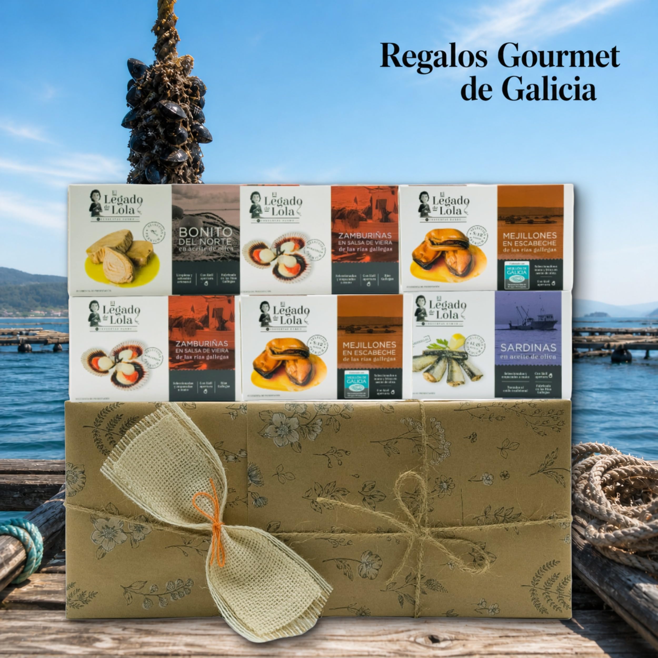 Caja Regalo Gourmet Lola de VinNatura con Conservas Premium de Galicia | Cesta gourmet de Galicia, regalos de empresa y celebraciones, elaboración tradicional, tarjeta personalizable