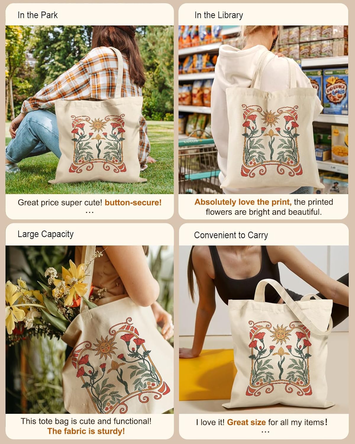 Aesthetic Tote Bag for Girls - with Magnetic Buckle and Zipper Inner Pocket for Women Lady Canvas Cotton Tote Bag - Image 6
