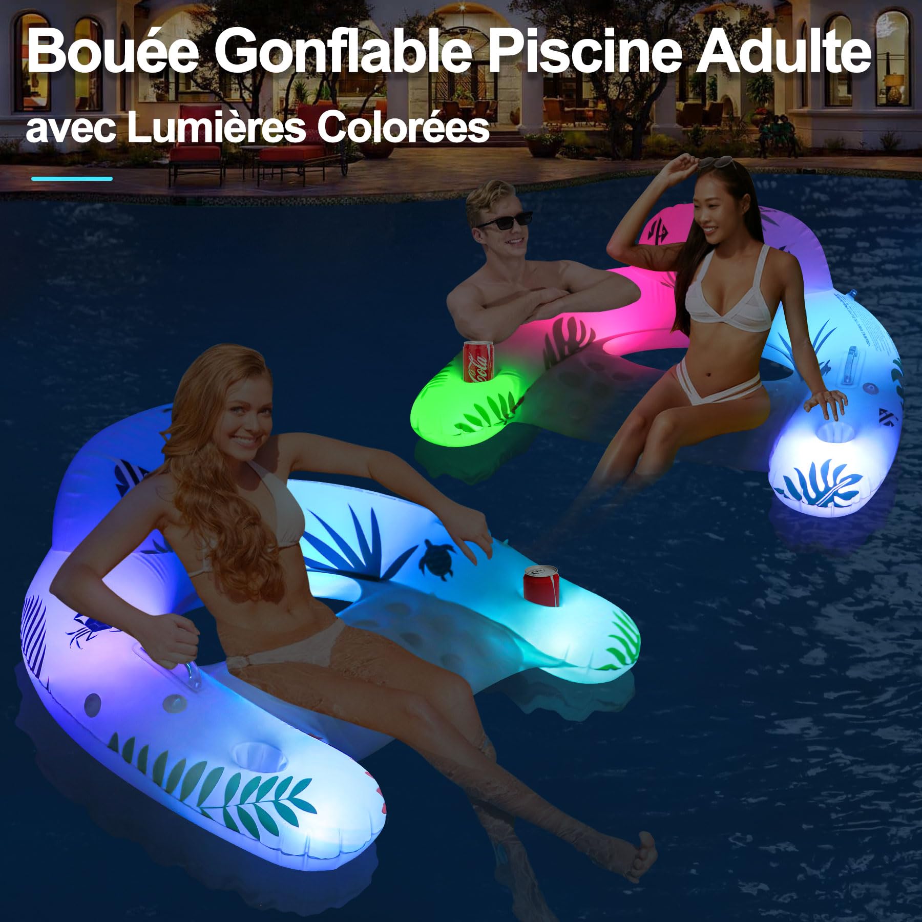 Bouée Piscine Adulte Gonflable Lumière Solaire Changeante + 2 Porte-Gobelets & Accoudoirs - Chaise Flottante XXL