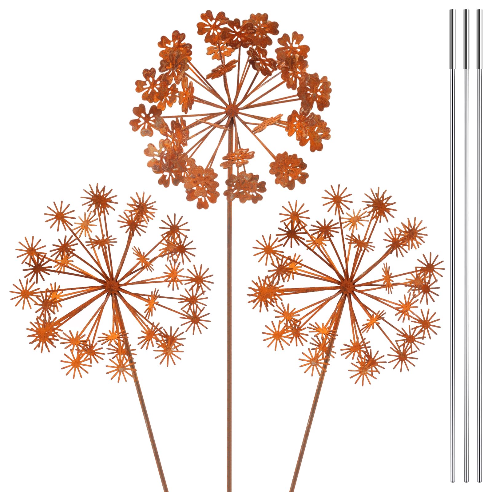 Sutowe 3Pcs Metal Dandelion Garden Stake, 70 cm Vintage Metal Flower Garden Decor Outdoor Decoration Easy Installation for Plants and Small Decorations, Ideal for Garden Enthusiasts(Style 1)