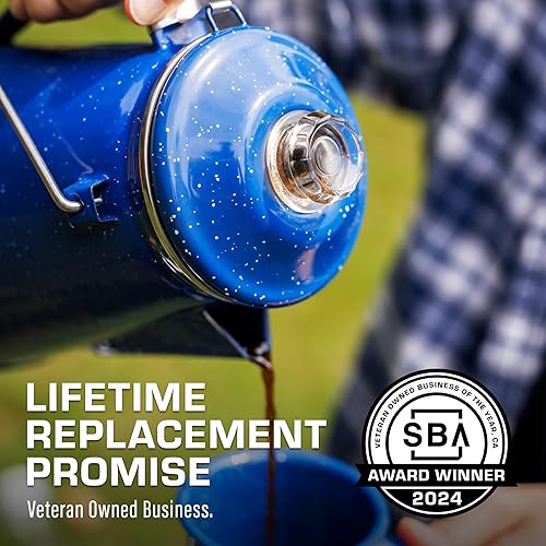 Miniatura 7 de COLETTI Juego clásico de esmalte para café y tazas  La cafetera de camping más nostálgica, ahora modernizada esmalte azul, cafetera percoladora de