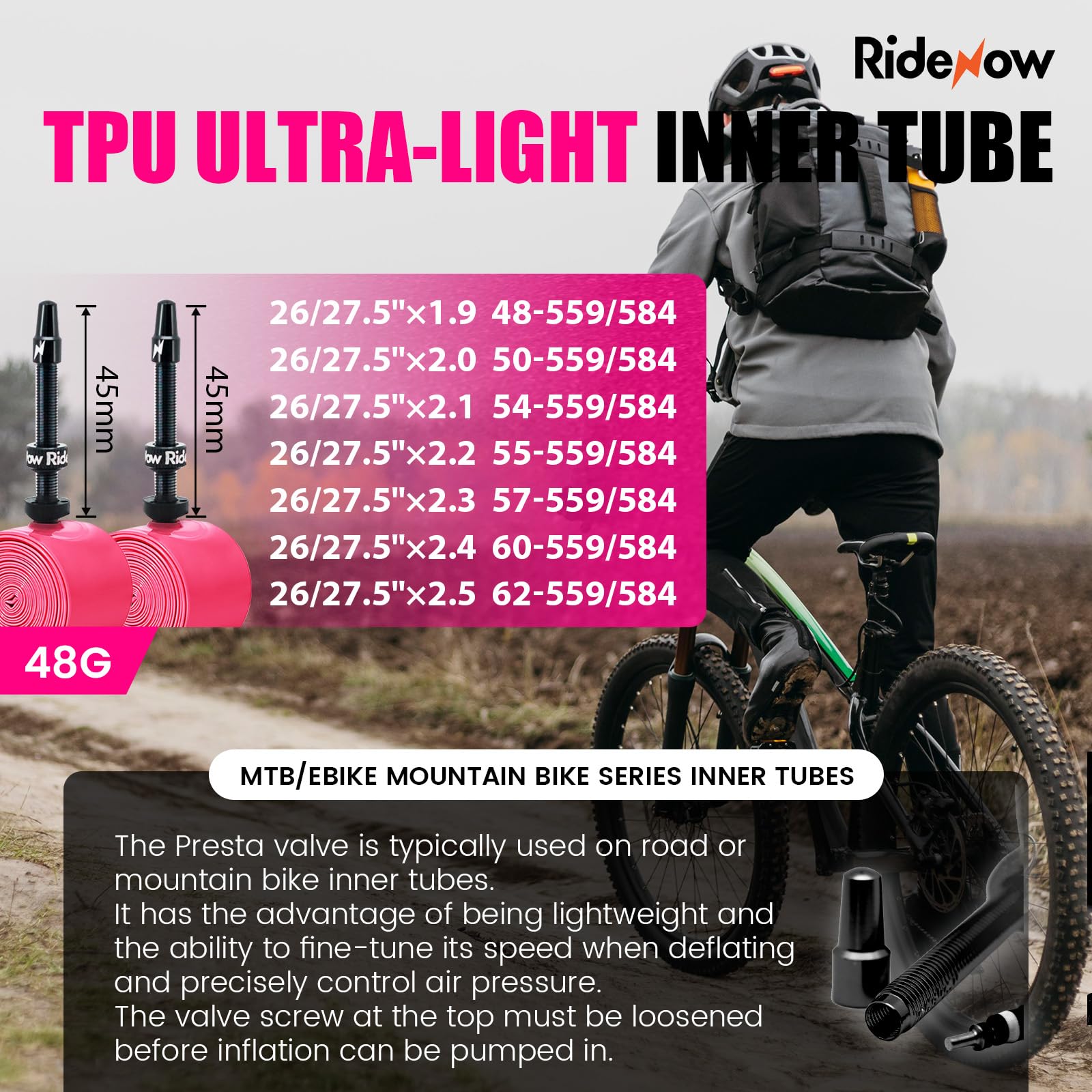 RideNow Camera d'aria in TPU MTB 66 cm-27,5"x1,3-2,0" 27,5"x1,9-2,5", 29