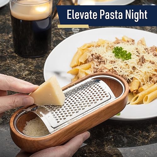 Miniatura 5 de Rallador de queso con recipiente, rallador de queso de acero inoxidable con cuenco de madera de cerezo, triturador fino de cocina para queso duro,