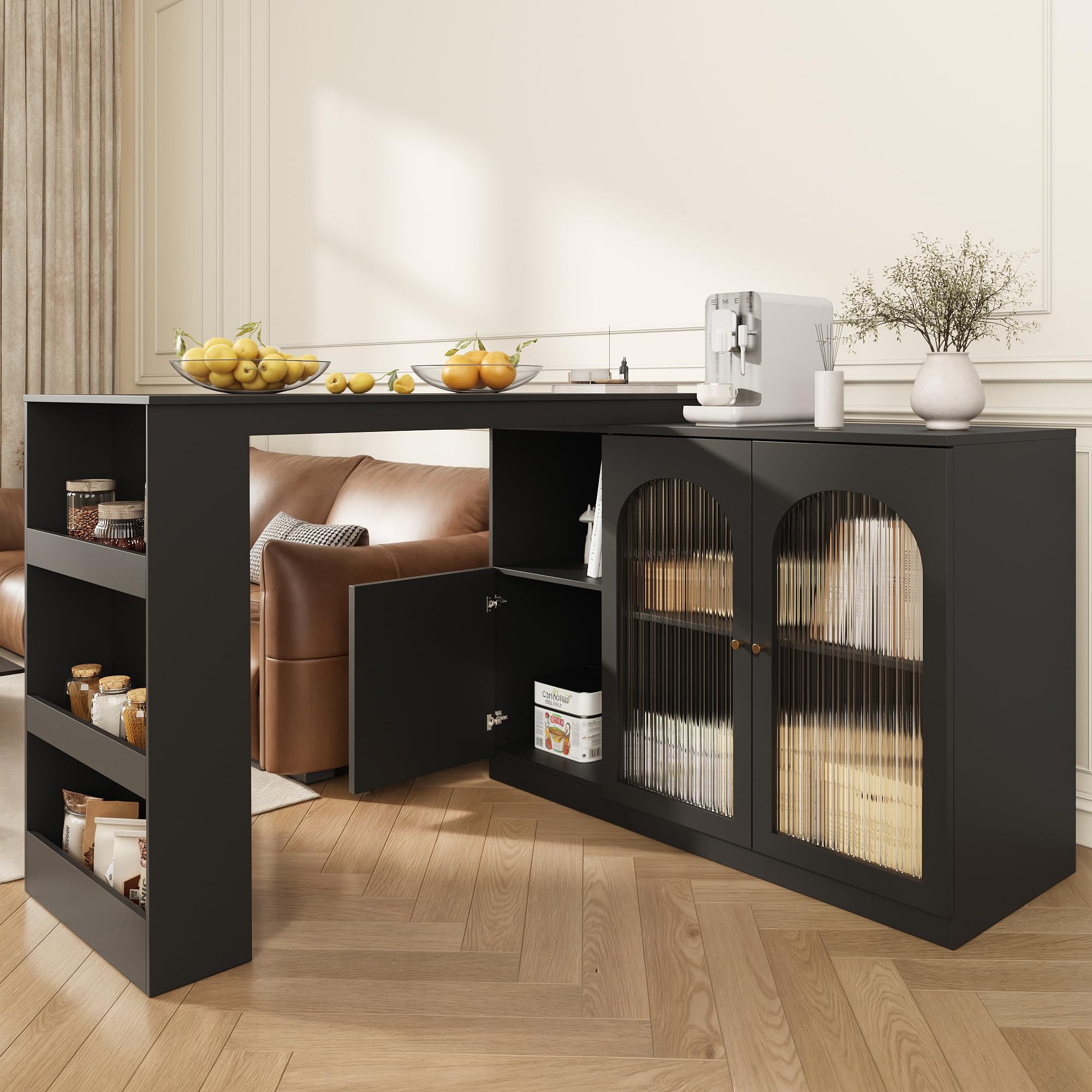 Merax 360° Rotating Bar Table with Glass Doors - Modern Black Multifunctional Dining & Bar Cabinet, Storage Cabinet Sideboard with Open Shelves, Closed Storage & Metal Handles - Black — image 1