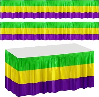 Wehhbtye 2 Pack Plastic Mardi Gras Table Skirt - 29in x 14ft New Orleans Mardigras Table Cover Decoration - Waterproof Green Purple Gold Tablecloths for Rectangular Round Tables