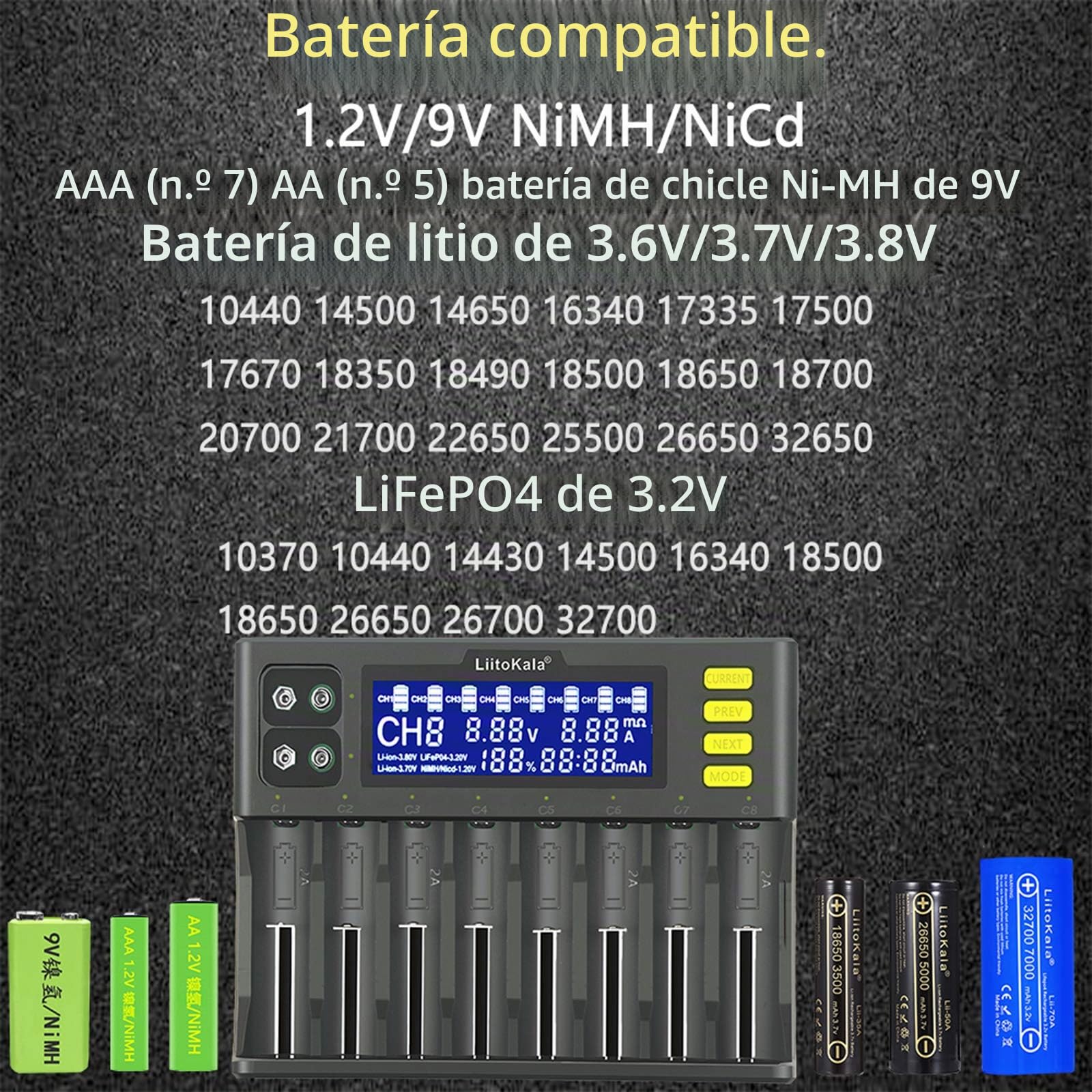 Docooler Cargador de Batería Lones de Litio de 3,7 V / 3,8 V IMR de 3,2 V Batería Ni-MH de 1,2 V LiitoKala LII-S8 para 18650 26650 21700 26700 AA AAA