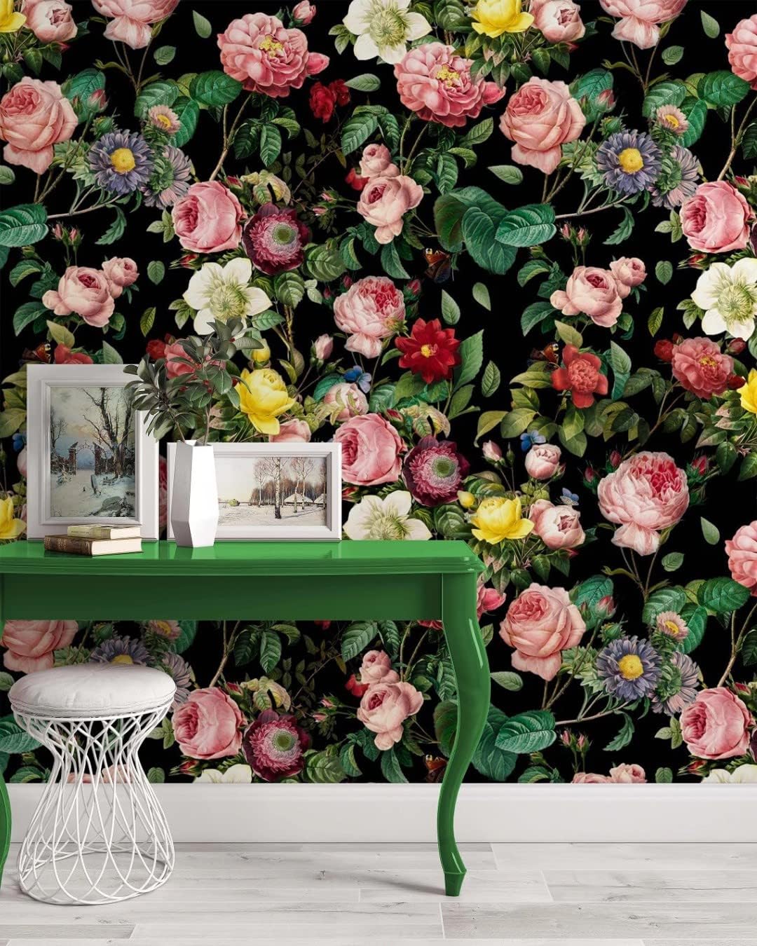 Colorful Roses Dark Background Floral Modern Peel and Stick Wallpaper 100''H x 150''W