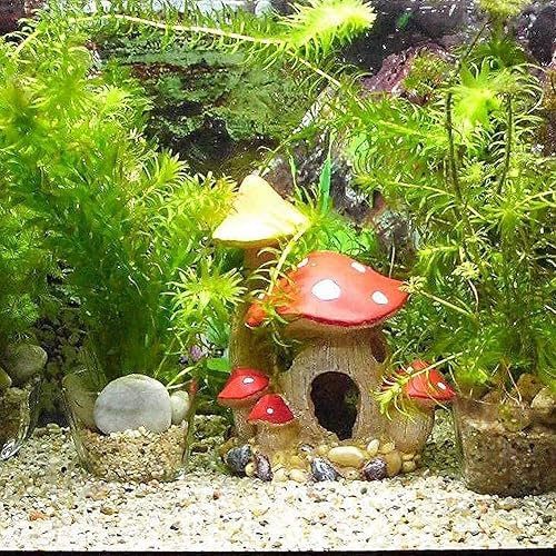 Aquarium Decorations Mushroom House Fish Tank Cave Ornament for Small Hideaway Decor Landscape Ornament for Castle Hiding Reptile Amphibian Toys Rock and Fairy Garden Decoration (Red)