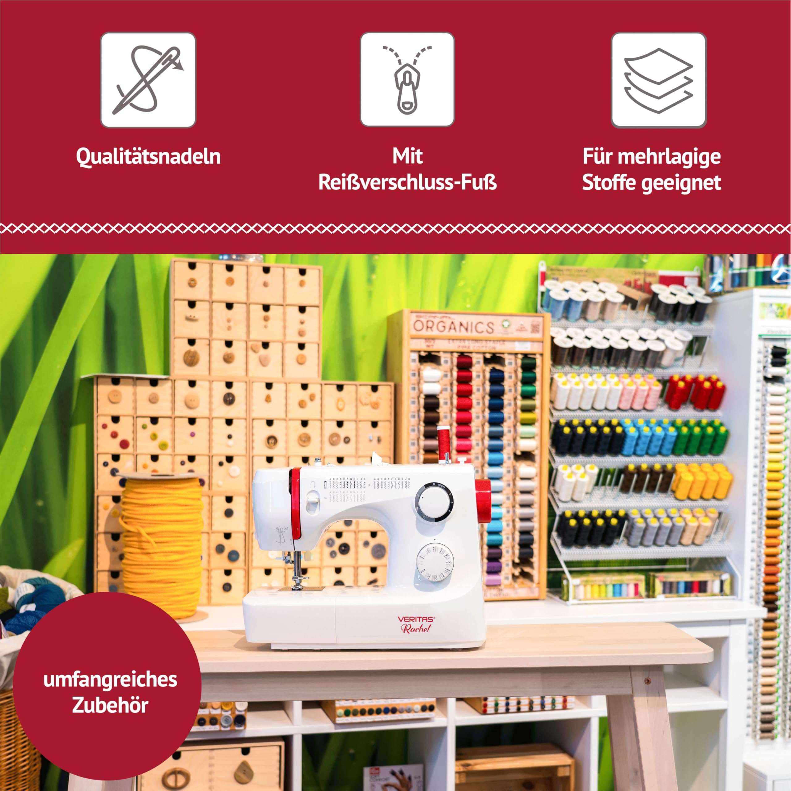 VERITAS Nähmaschine Rachel I 32 Stichprogramme I Einfädelhilfe I Einstellbare Stichlänge & Stichbreite I Auto-Fadenspannung & Fadenabschneider I LED-Nählicht I Mechanische Nähmaschine (weiß)