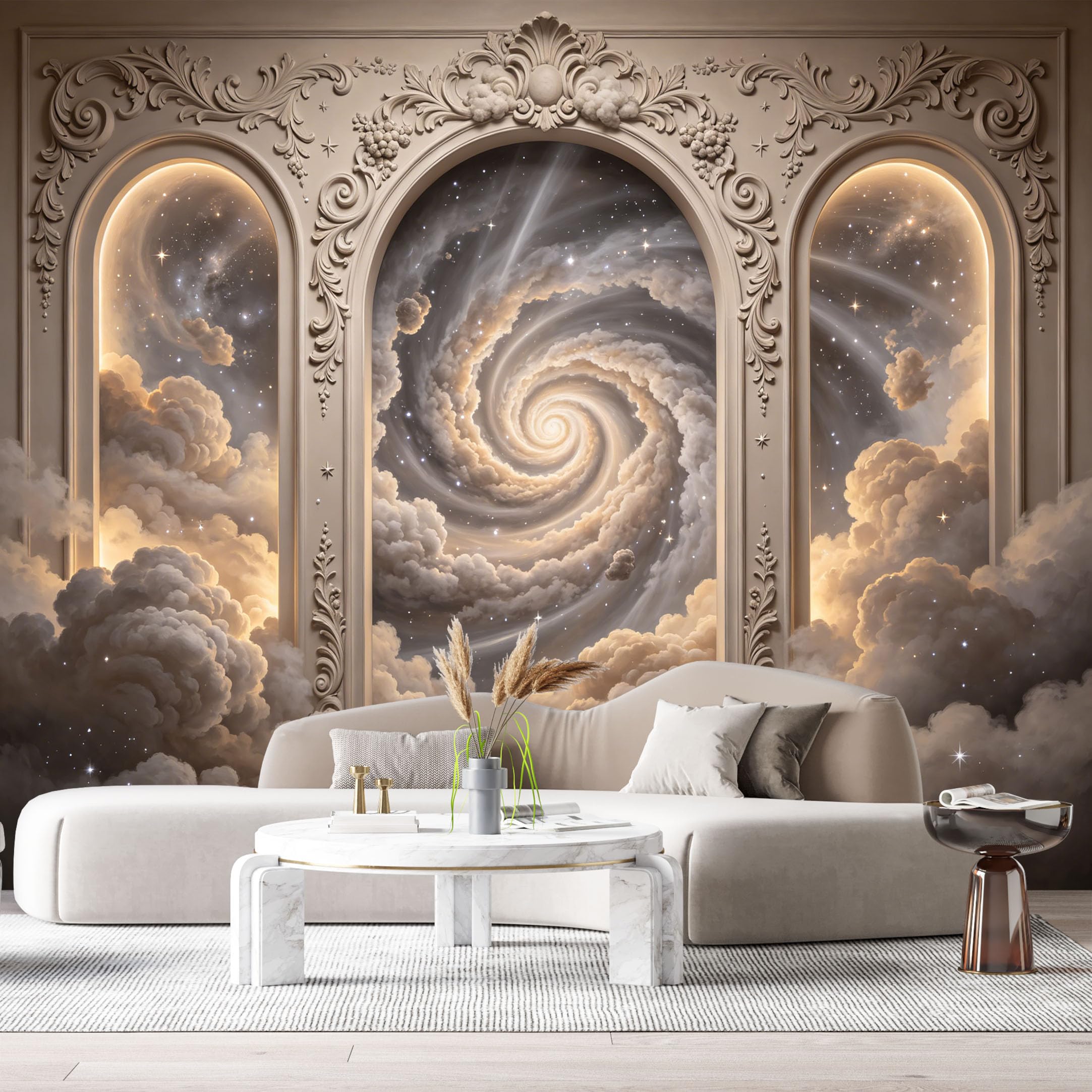 Custom Size Wall Murals Architecture Clouds Stars 3D Trompe L'Oeil SelfAdhesiveWall Fabric Removable Wallpaper Wall Decor for Living Room Bedroom Bathroom