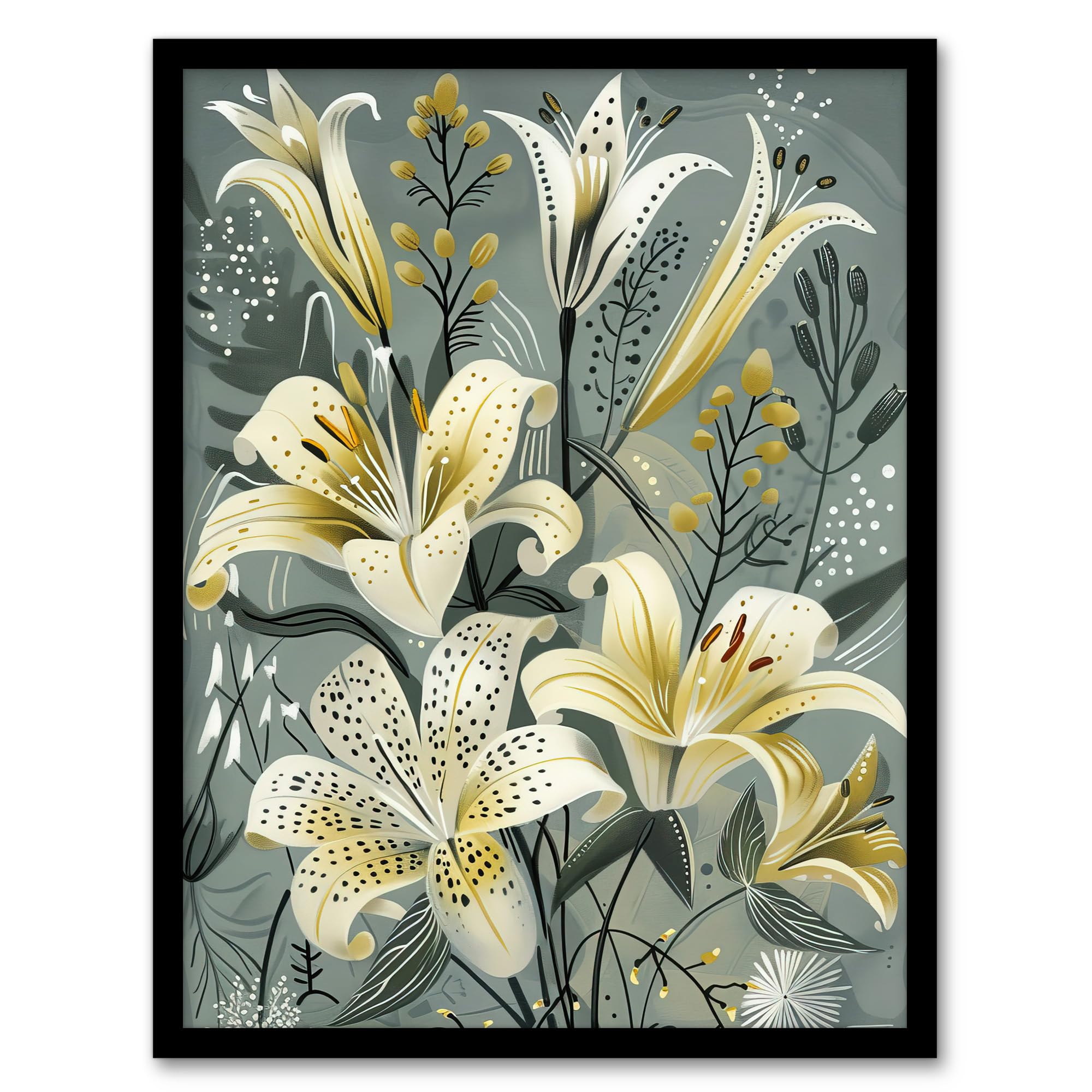 Artery8 Elegant White Lily Bouquet Grey Gold Floral Living Room Artwork Framed Wall Art Print 18X24 Inch